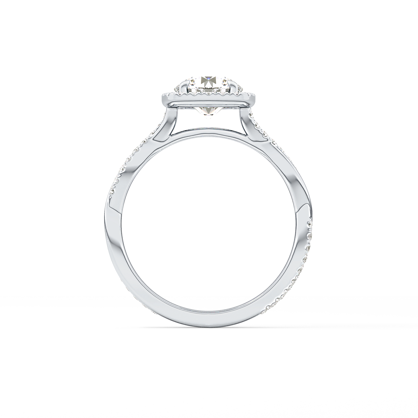 Round Cut 1.03 Carat Moissanite Ring – Twisted Shank, Halo and Pave Setting in Gold