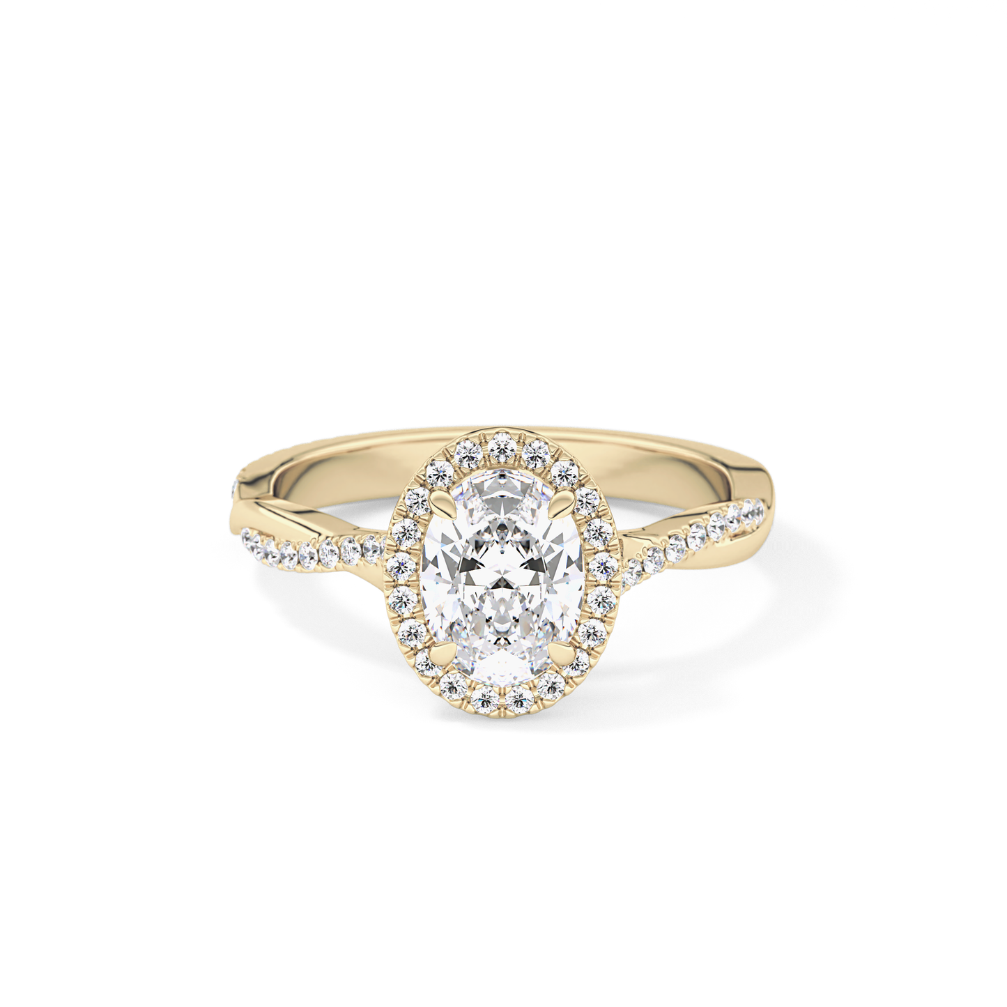 Oval Cut 0.83 Carat Moissanite Ring – Twisted Shank, Halo and Pave Setting in Gold