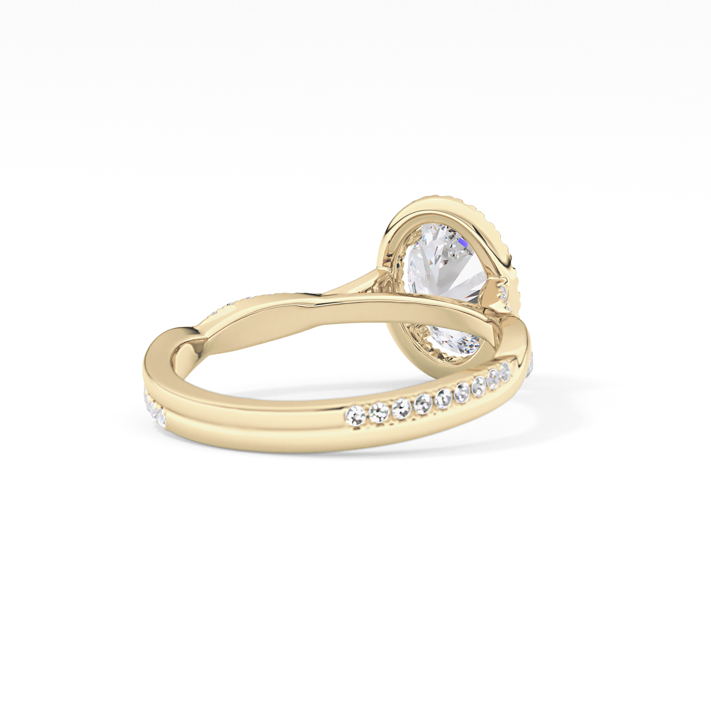 Oval Cut 0.83 Carat Moissanite Ring – Twisted Shank, Halo and Pave Setting in Gold