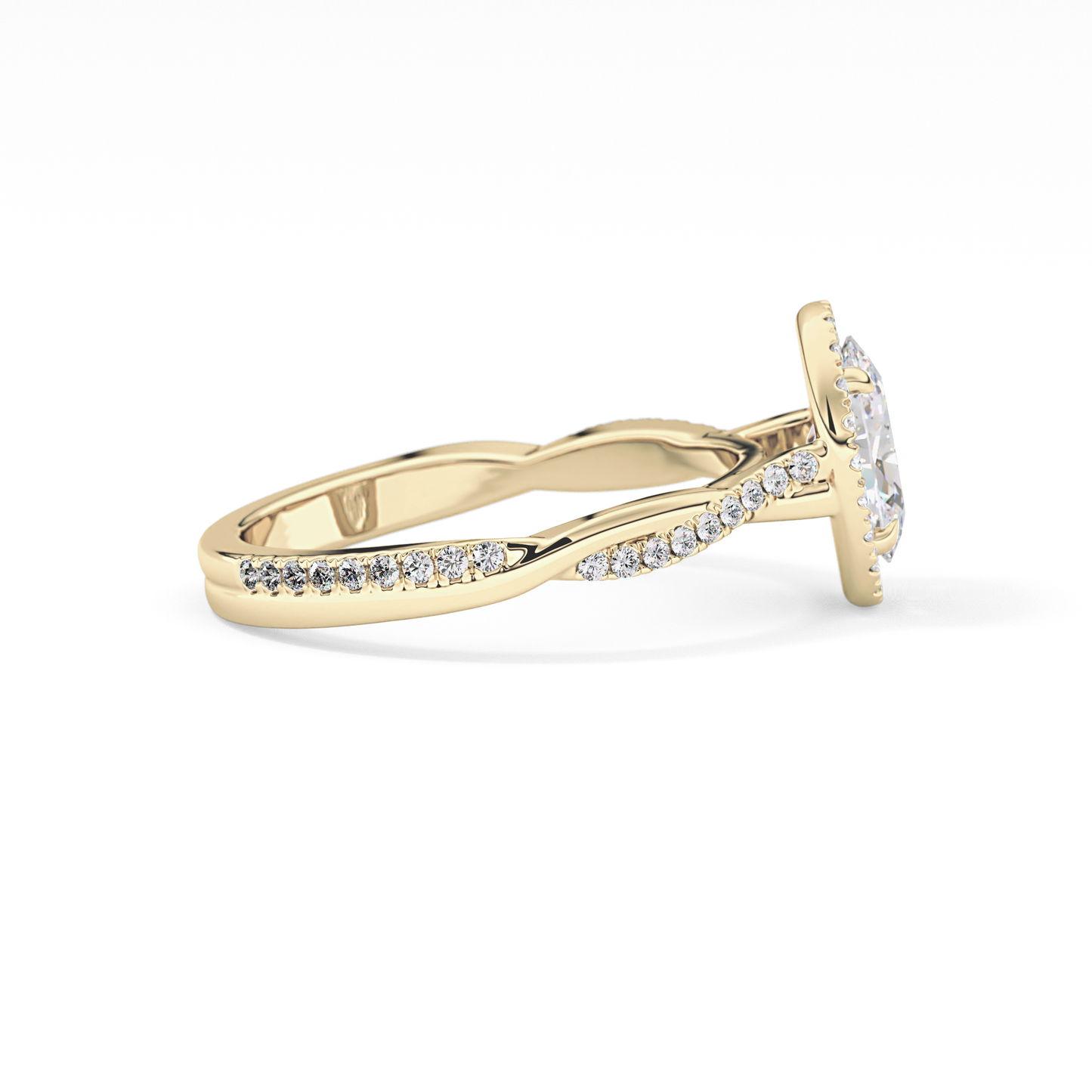 Oval Cut 0.83 Carat Moissanite Ring – Twisted Shank, Halo and Pave Setting in Gold