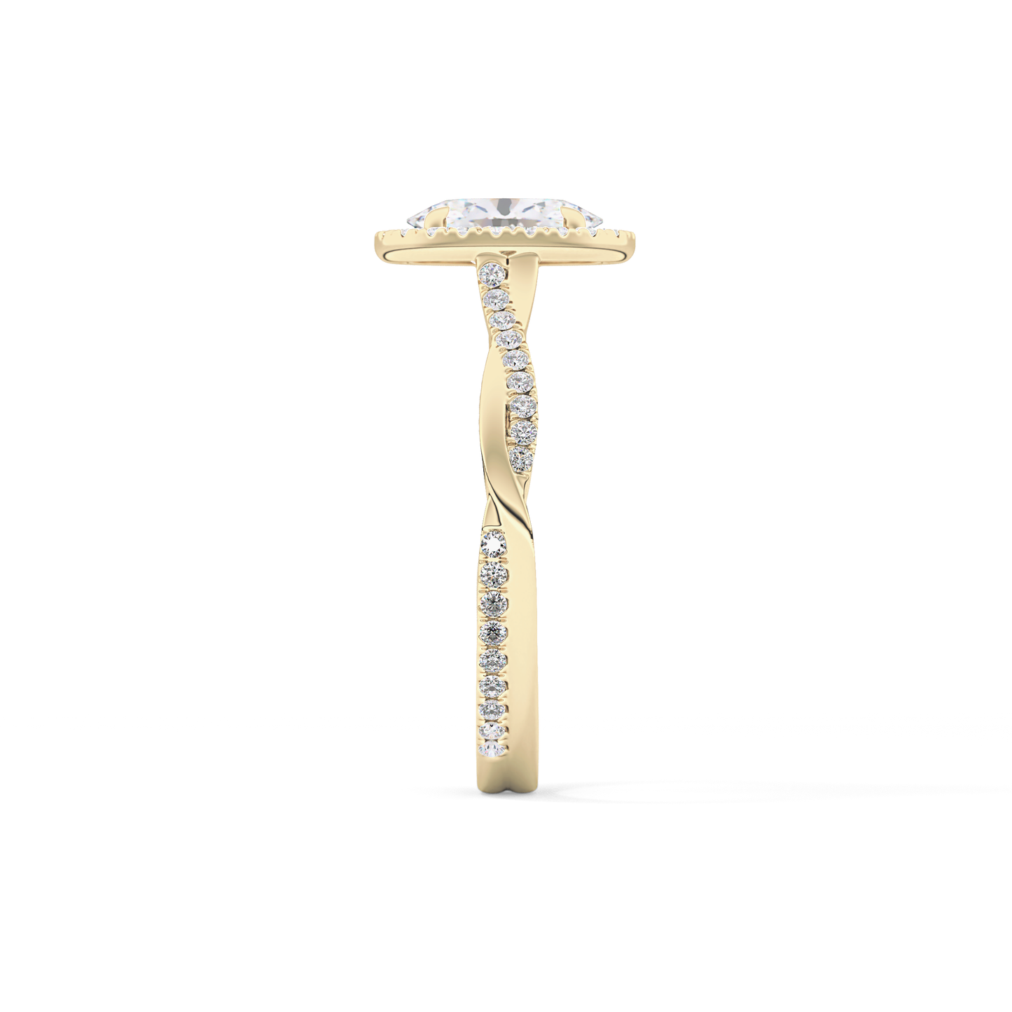 Oval Cut 0.83 Carat Moissanite Ring – Twisted Shank, Halo and Pave Setting in Gold