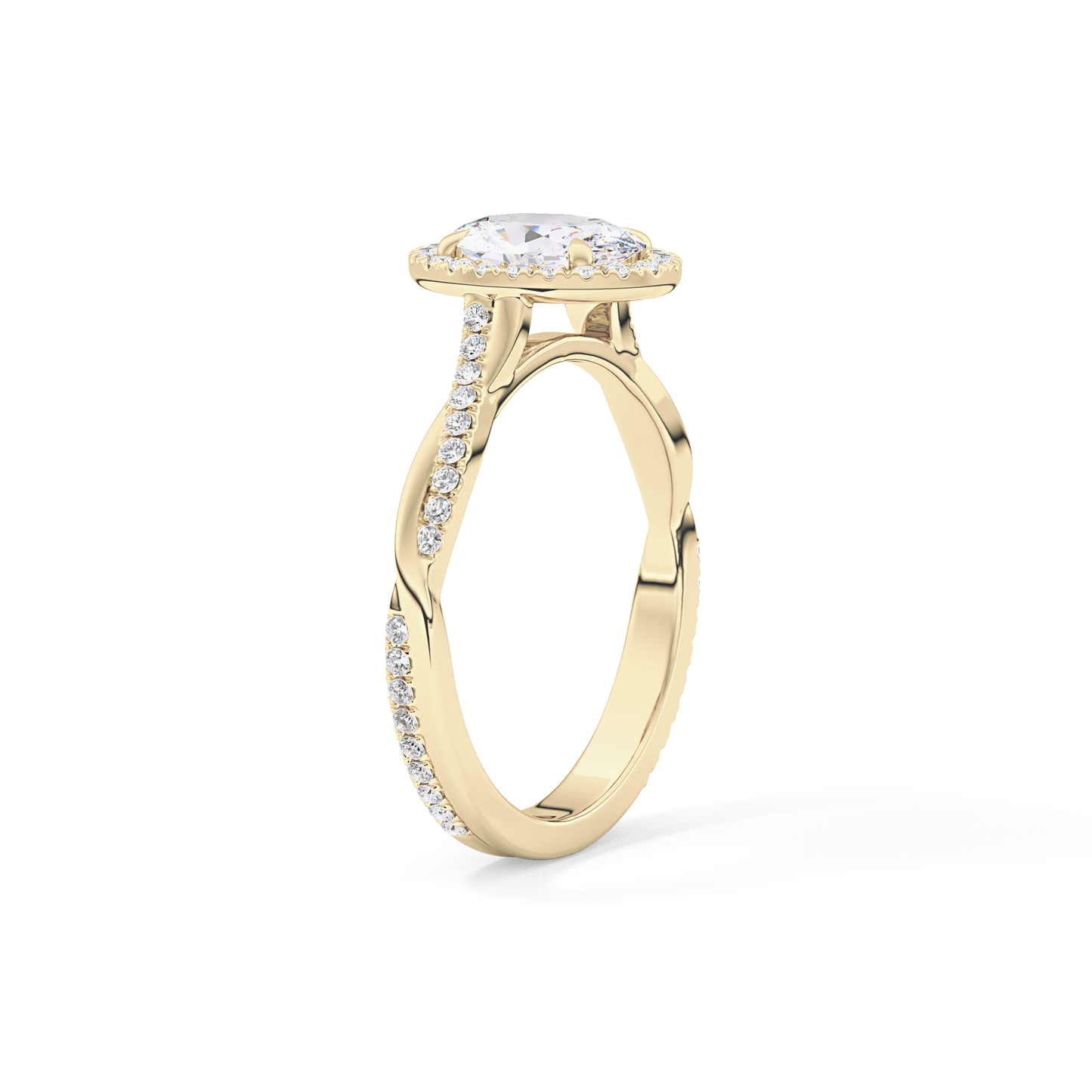 Oval Cut 0.83 Carat Moissanite Ring – Twisted Shank, Halo and Pave Setting in Gold