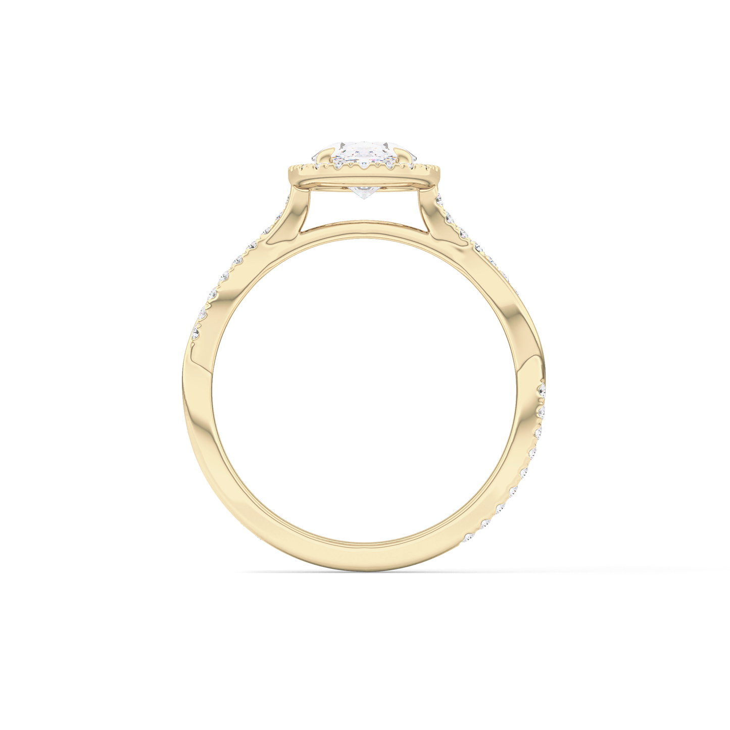 Oval Cut 0.83 Carat Moissanite Ring – Twisted Shank, Halo and Pave Setting in Gold