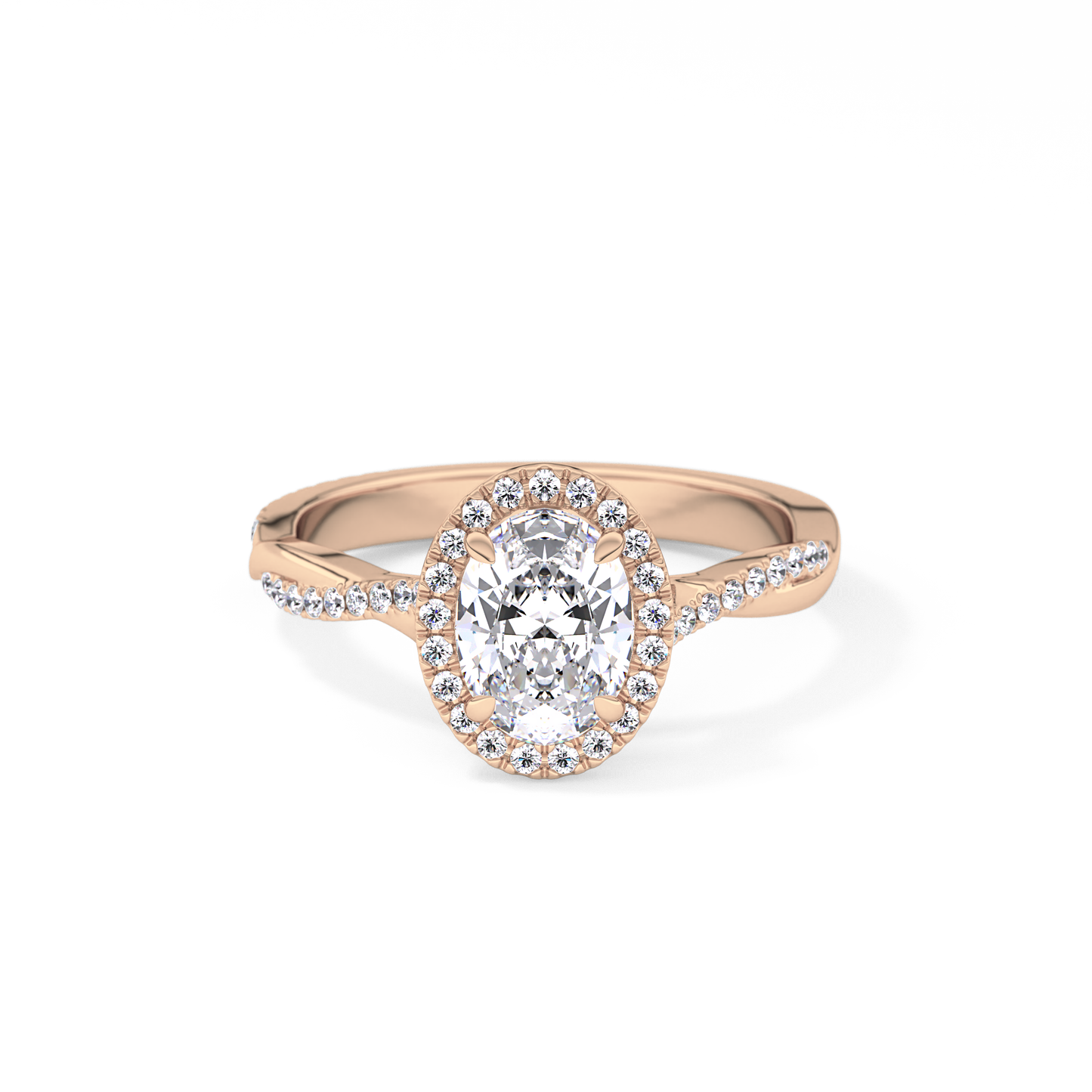 Oval Cut 0.83 Carat Moissanite Ring – Twisted Shank, Halo and Pave Setting in Gold