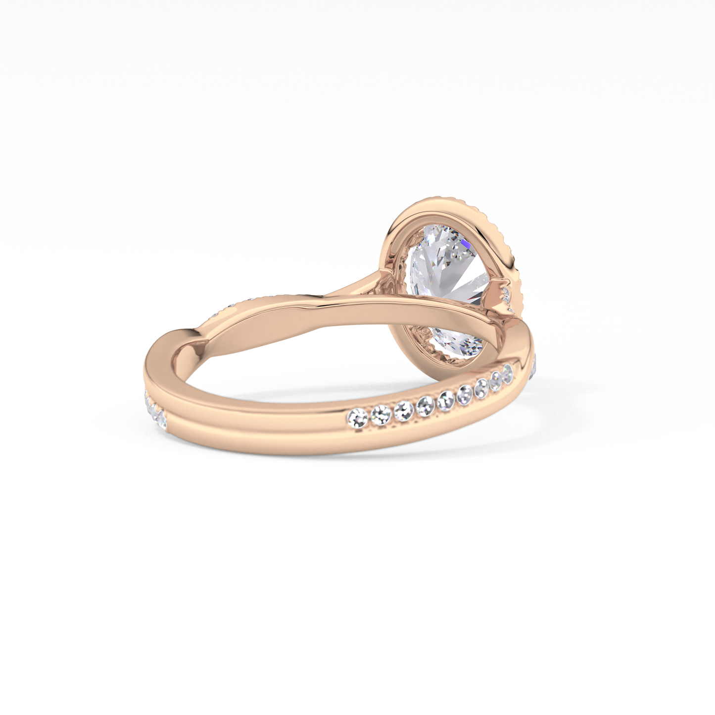 Oval Cut 0.83 Carat Moissanite Ring – Twisted Shank, Halo and Pave Setting in Gold