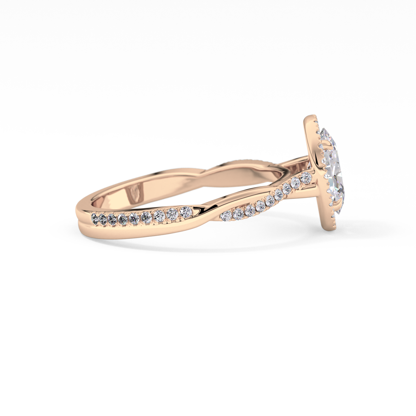 Oval Cut 0.83 Carat Moissanite Ring – Twisted Shank, Halo and Pave Setting in Gold