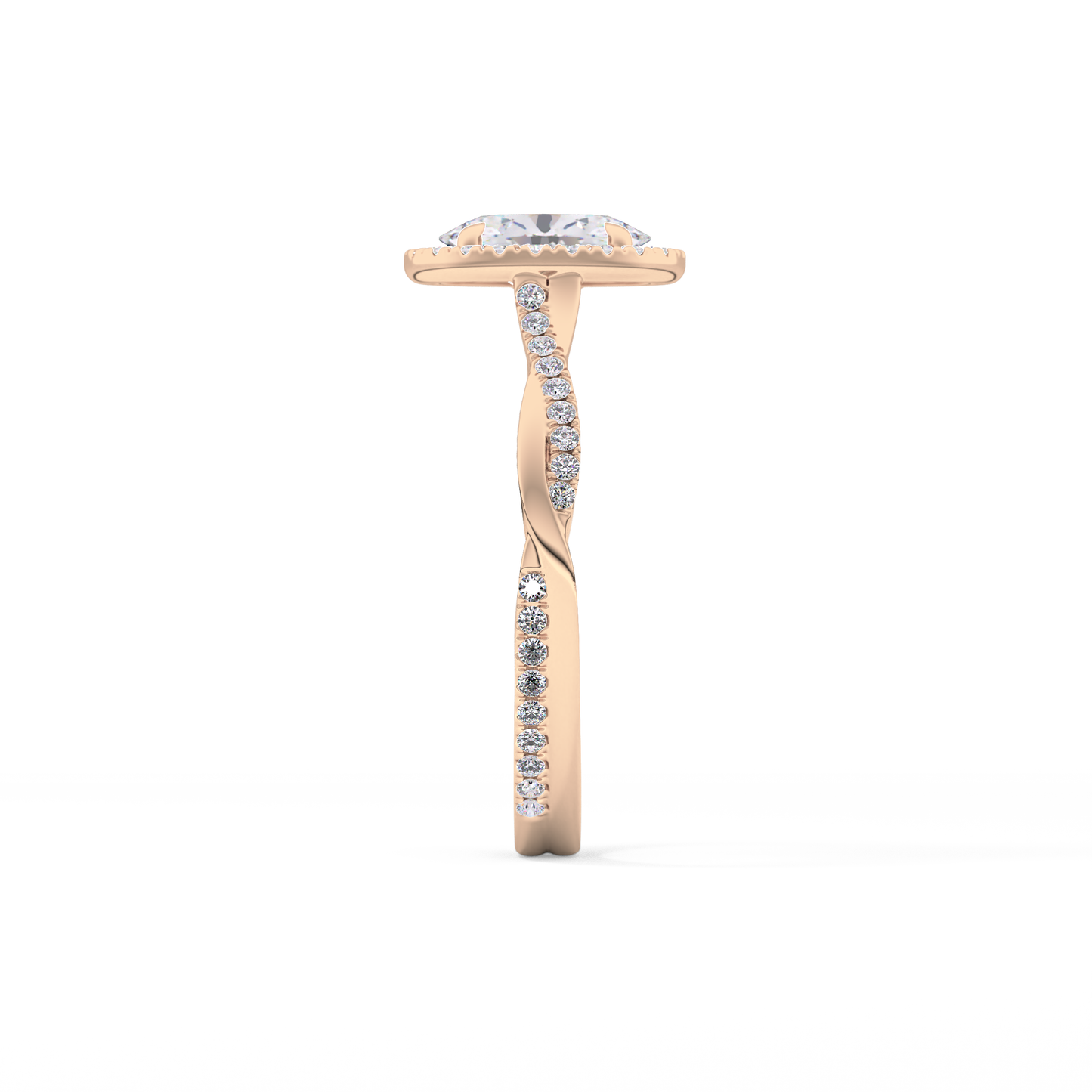 Oval Cut 0.83 Carat Moissanite Ring – Twisted Shank, Halo and Pave Setting in Gold