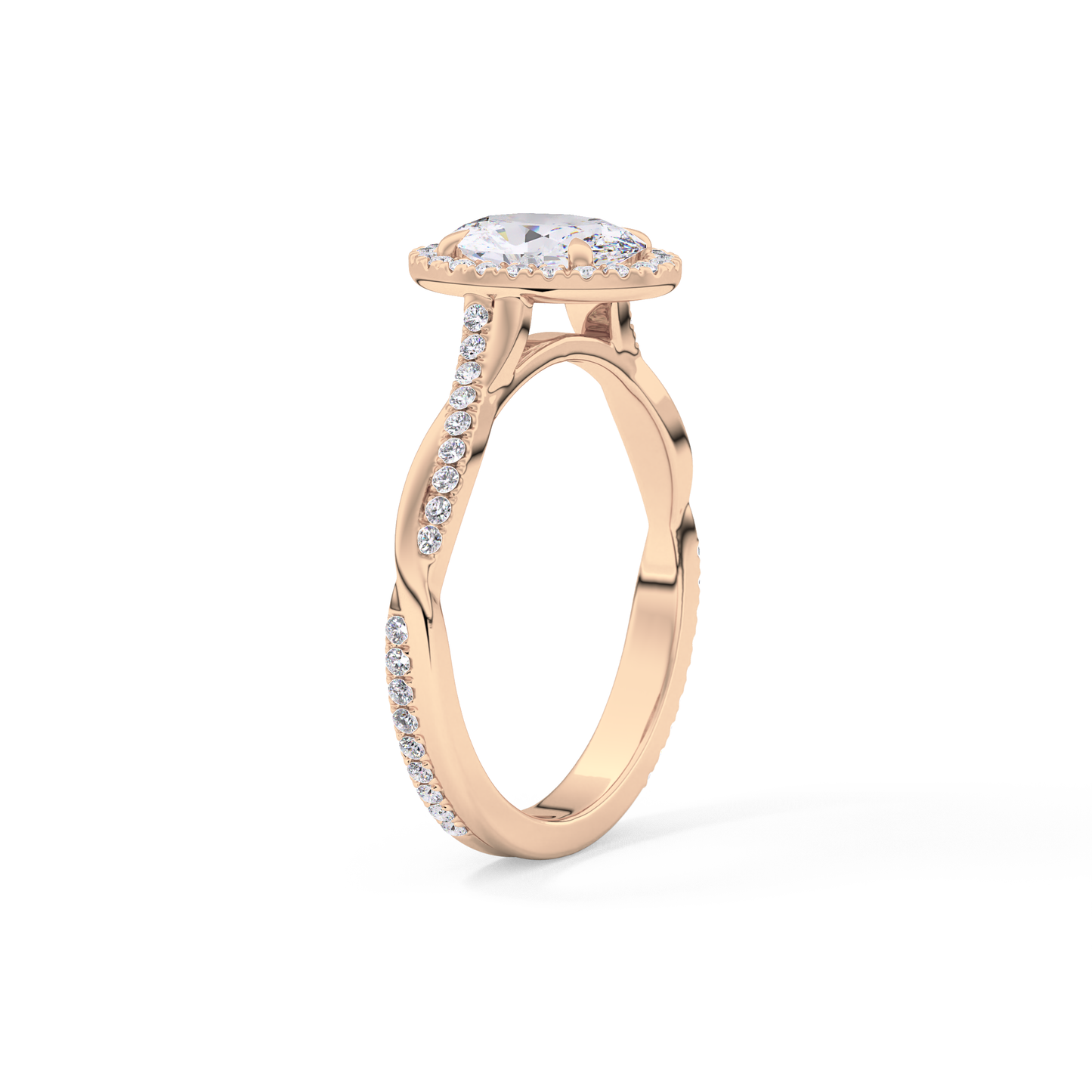 Oval Cut 0.83 Carat Moissanite Ring – Twisted Shank, Halo and Pave Setting in Gold