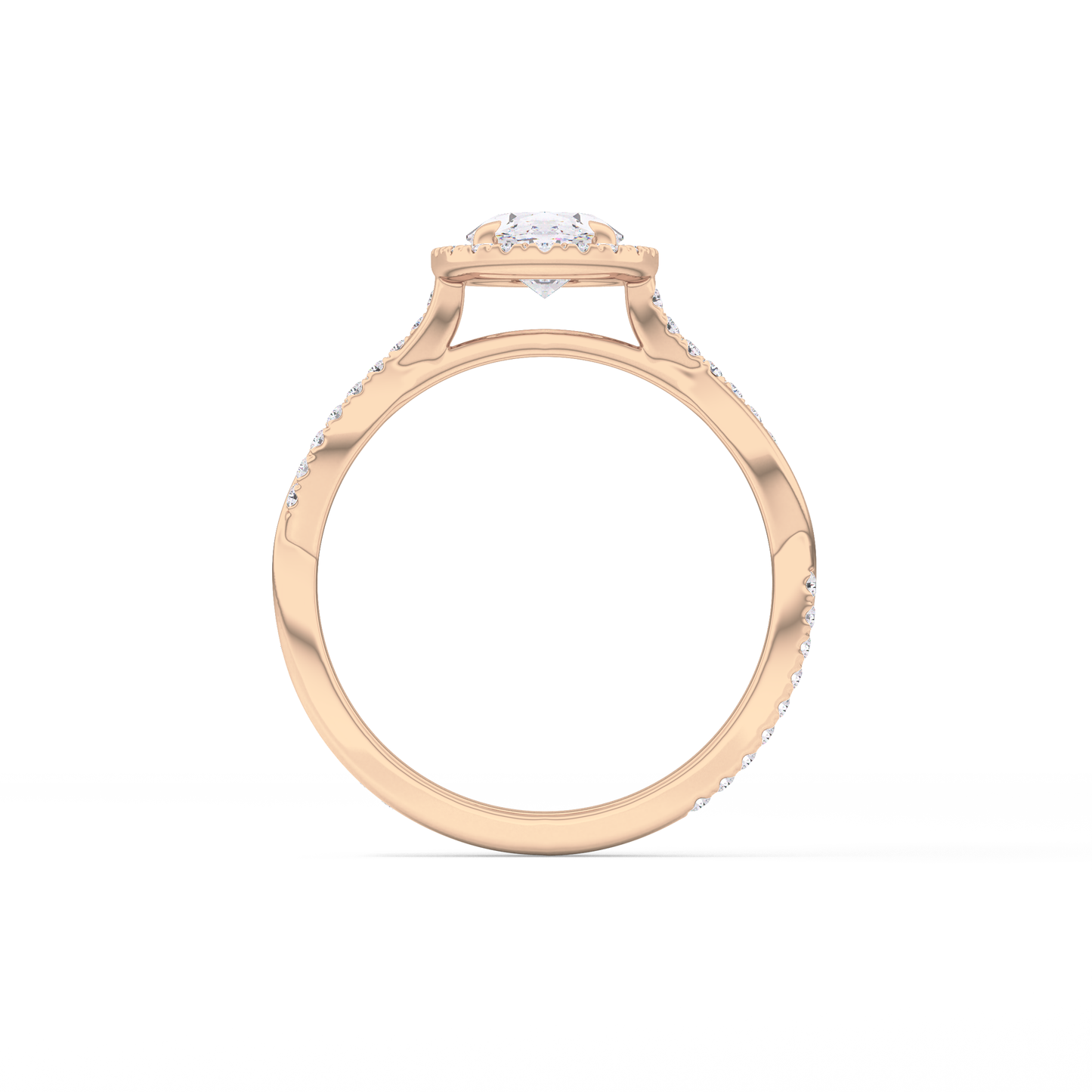 Oval Cut 0.83 Carat Moissanite Ring – Twisted Shank, Halo and Pave Setting in Gold