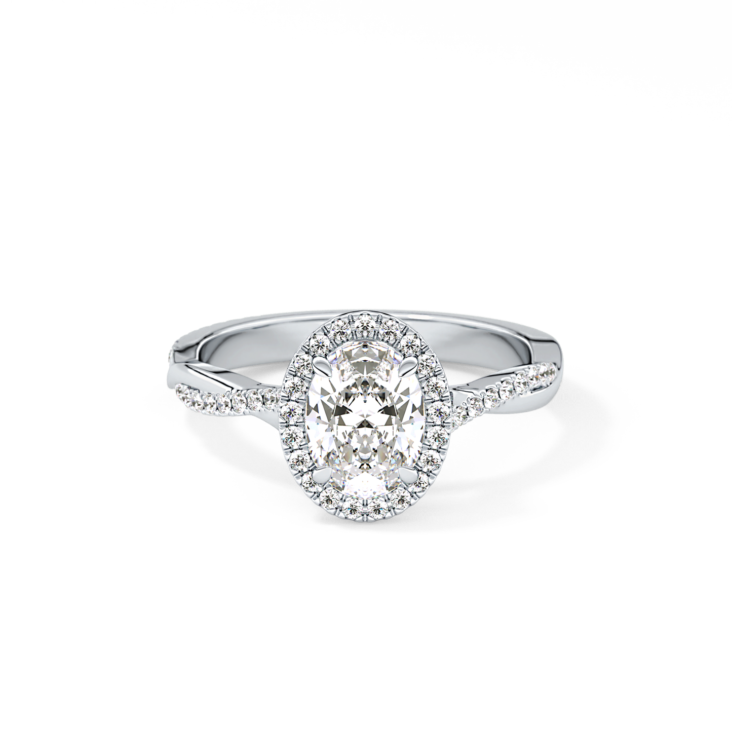 Oval Cut 0.83 Carat Moissanite Ring – Twisted Shank, Halo and Pave Setting in Gold