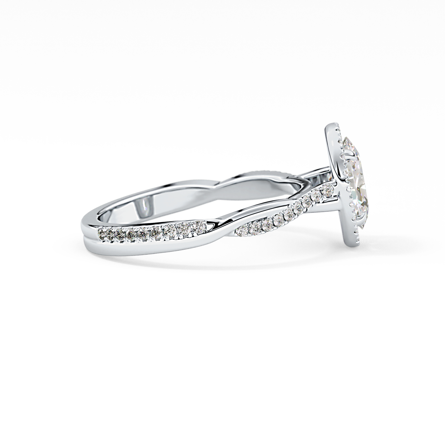 Oval Cut 0.83 Carat Moissanite Ring – Twisted Shank, Halo and Pave Setting in Gold