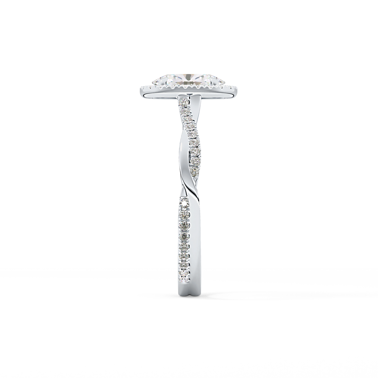Oval Cut 0.83 Carat Moissanite Ring – Twisted Shank, Halo and Pave Setting in Gold