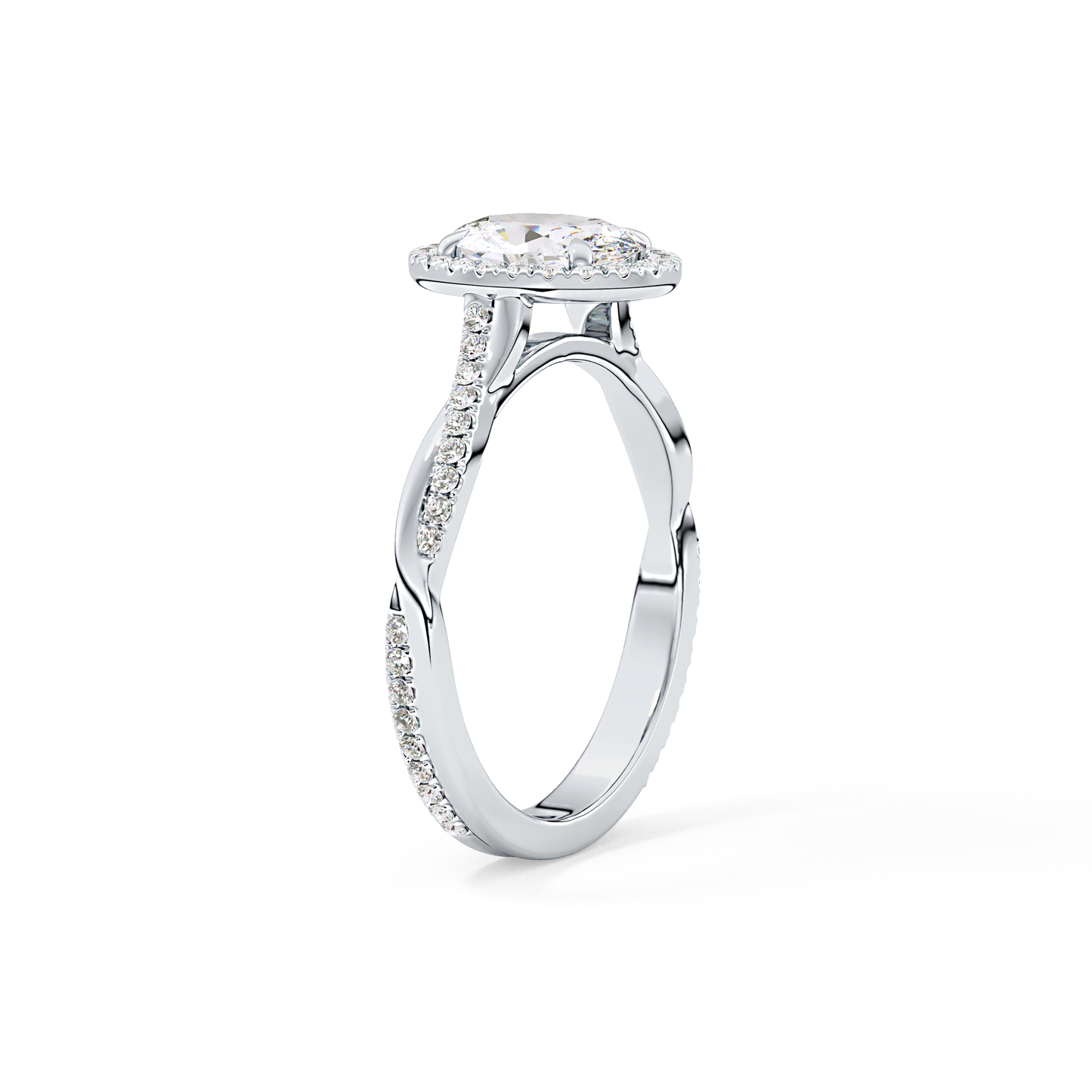 Oval Cut 0.83 Carat Moissanite Ring – Twisted Shank, Halo and Pave Setting in Gold