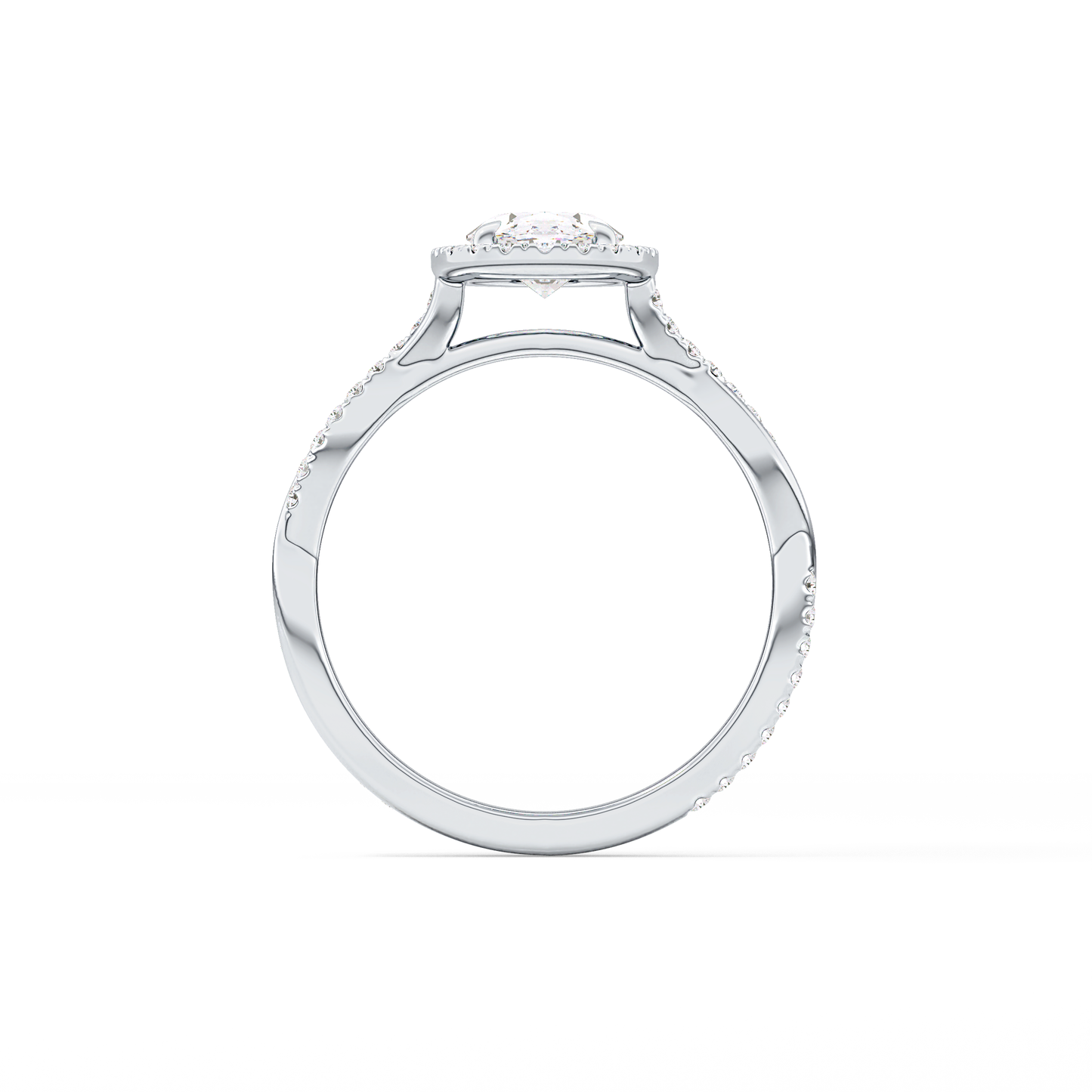 Oval Cut 0.83 Carat Moissanite Ring – Twisted Shank, Halo and Pave Setting in Gold