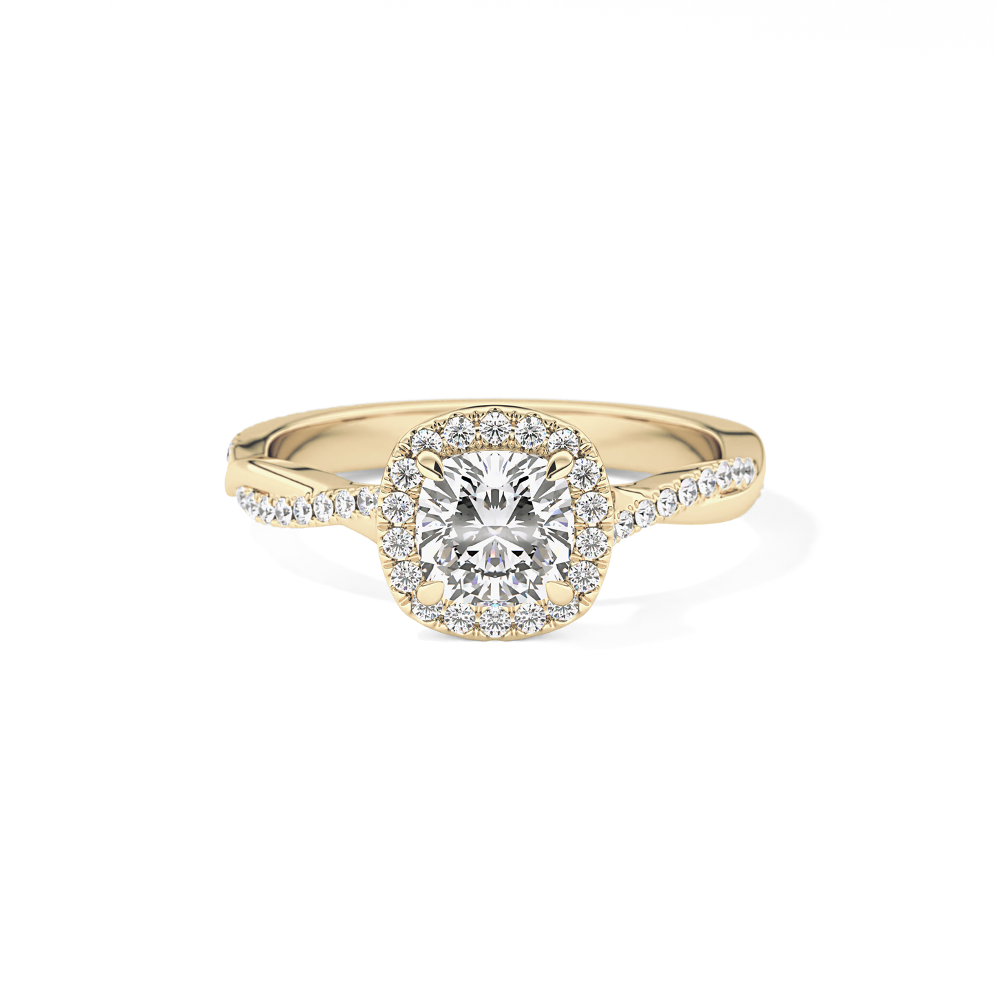 Cushion Cut 0.86 Carat Moissanite Ring – Twisted Shank, Halo and Pave Setting in Gold