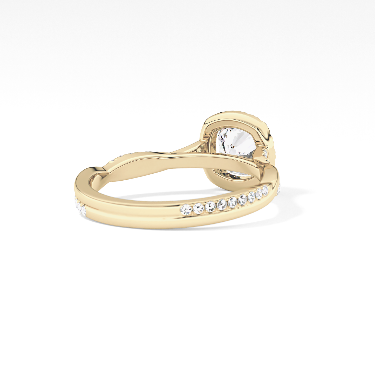 Cushion Cut 0.86 Carat Moissanite Ring – Twisted Shank, Halo and Pave Setting in Gold