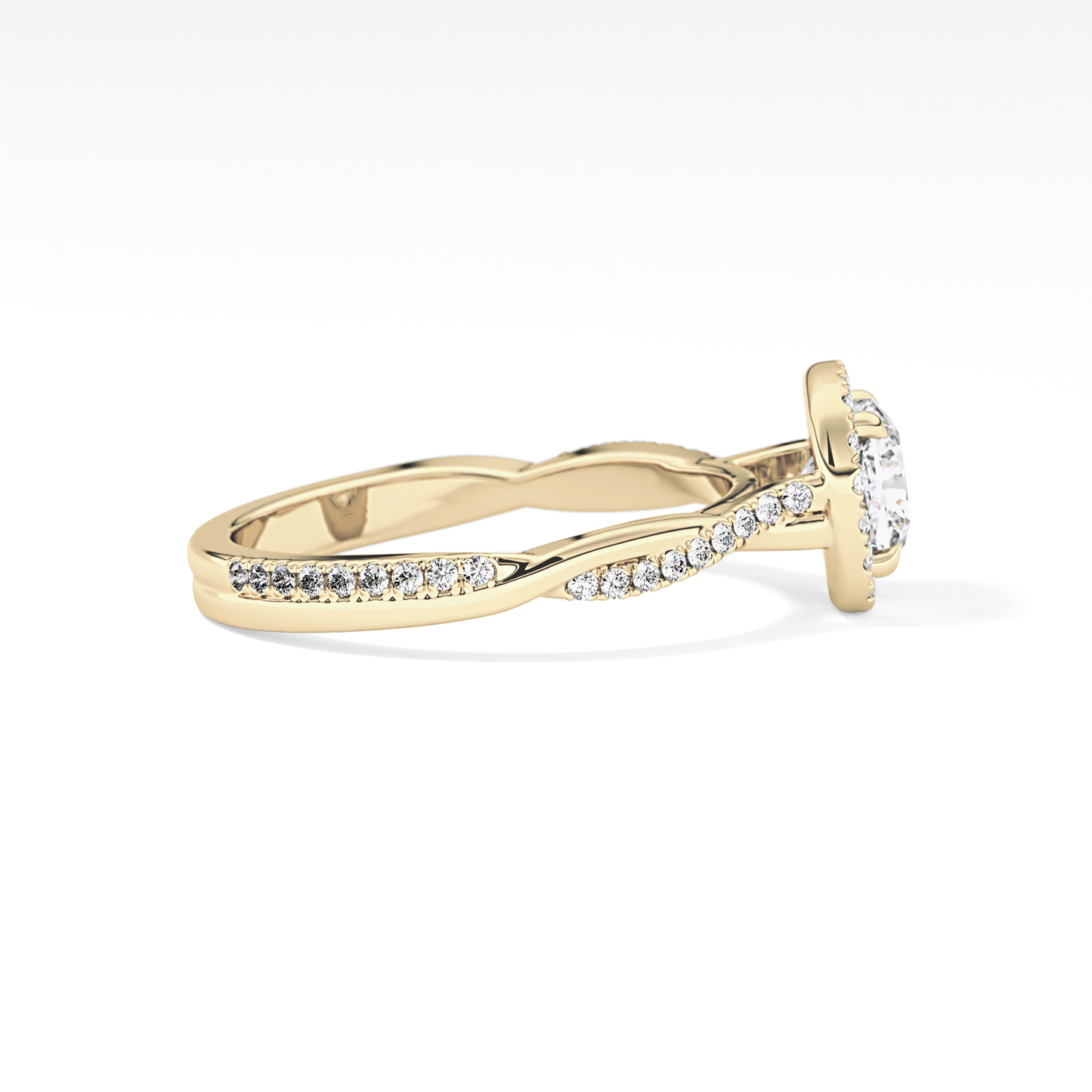 Cushion Cut 0.86 Carat Moissanite Ring – Twisted Shank, Halo and Pave Setting in Gold