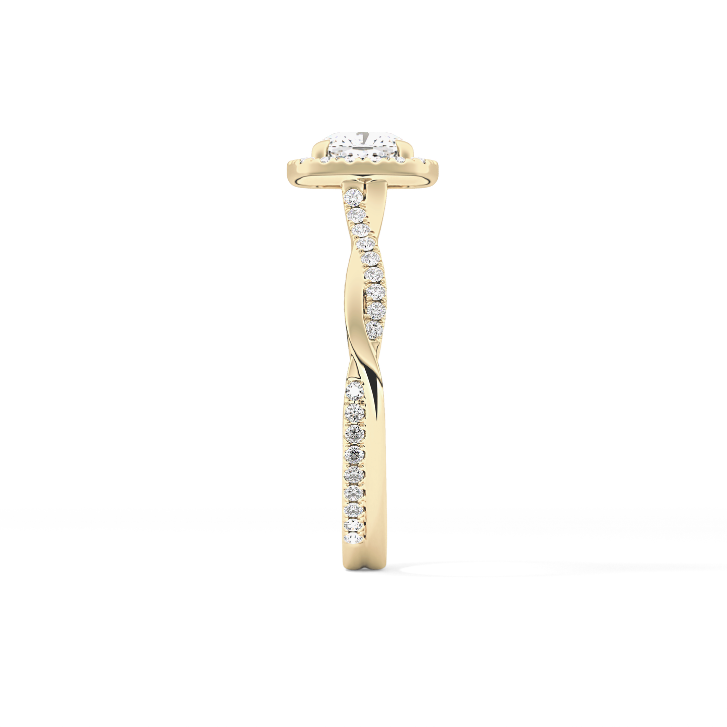 Cushion Cut 0.86 Carat Moissanite Ring – Twisted Shank, Halo and Pave Setting in Gold