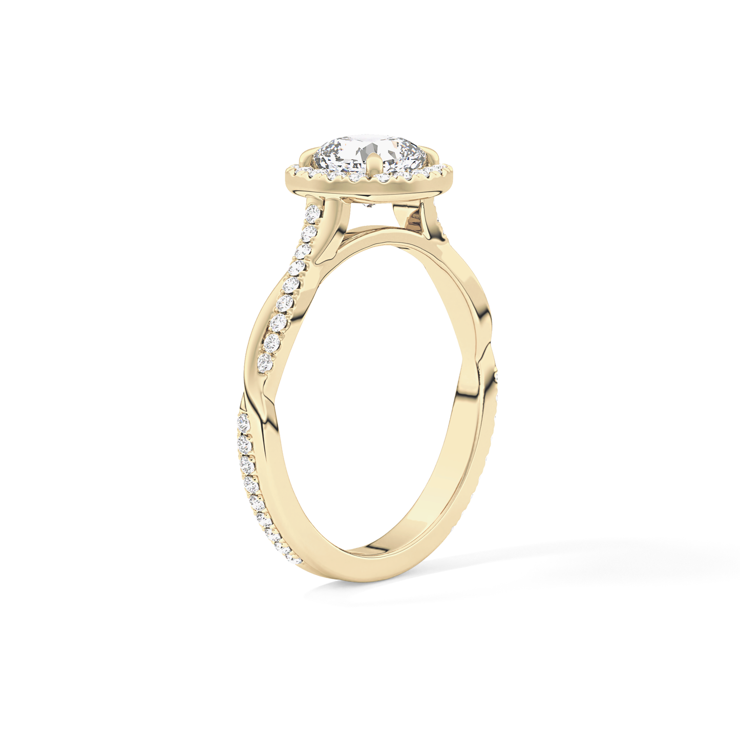 Cushion Cut 0.86 Carat Moissanite Ring – Twisted Shank, Halo and Pave Setting in Gold