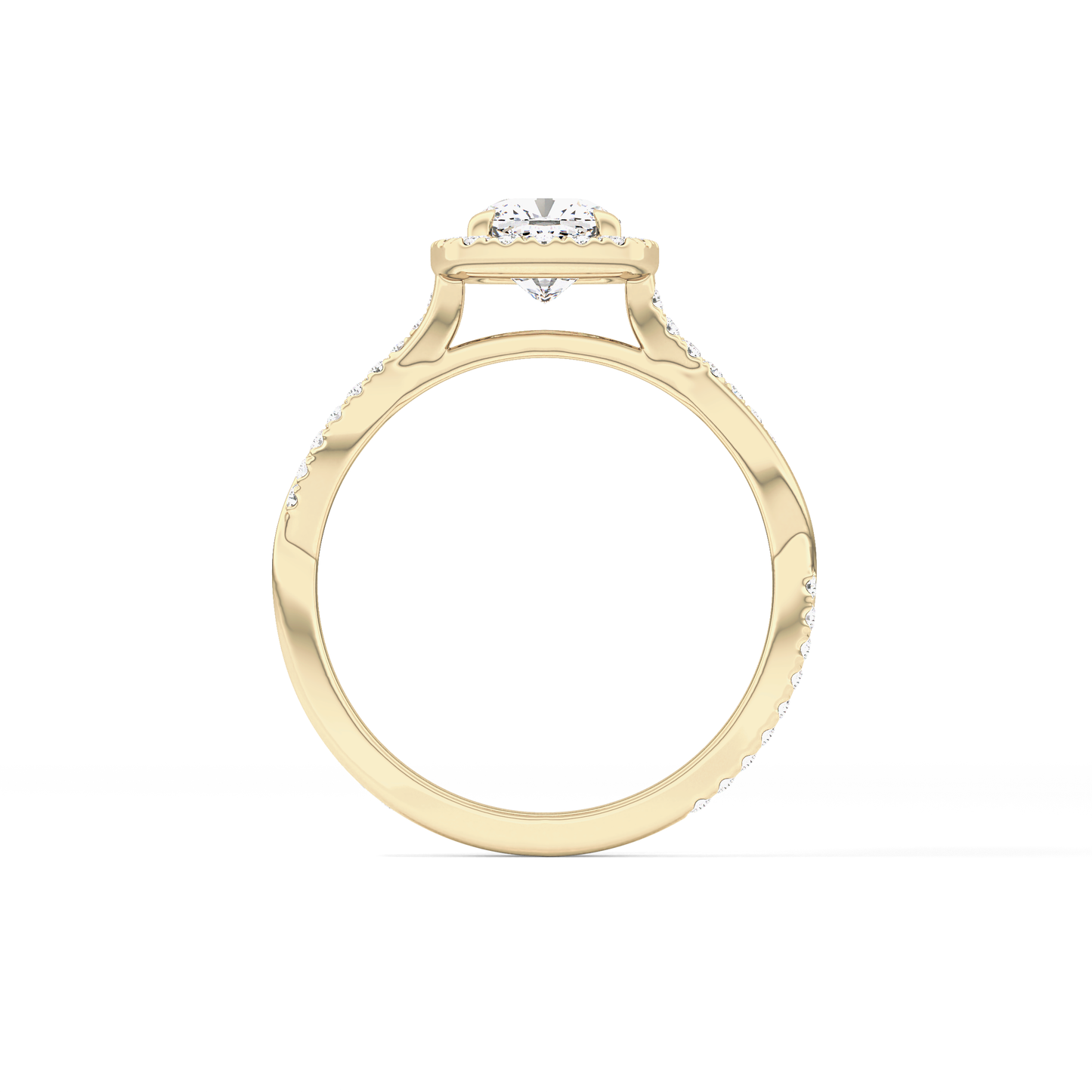 Cushion Cut 0.86 Carat Moissanite Ring – Twisted Shank, Halo and Pave Setting in Gold