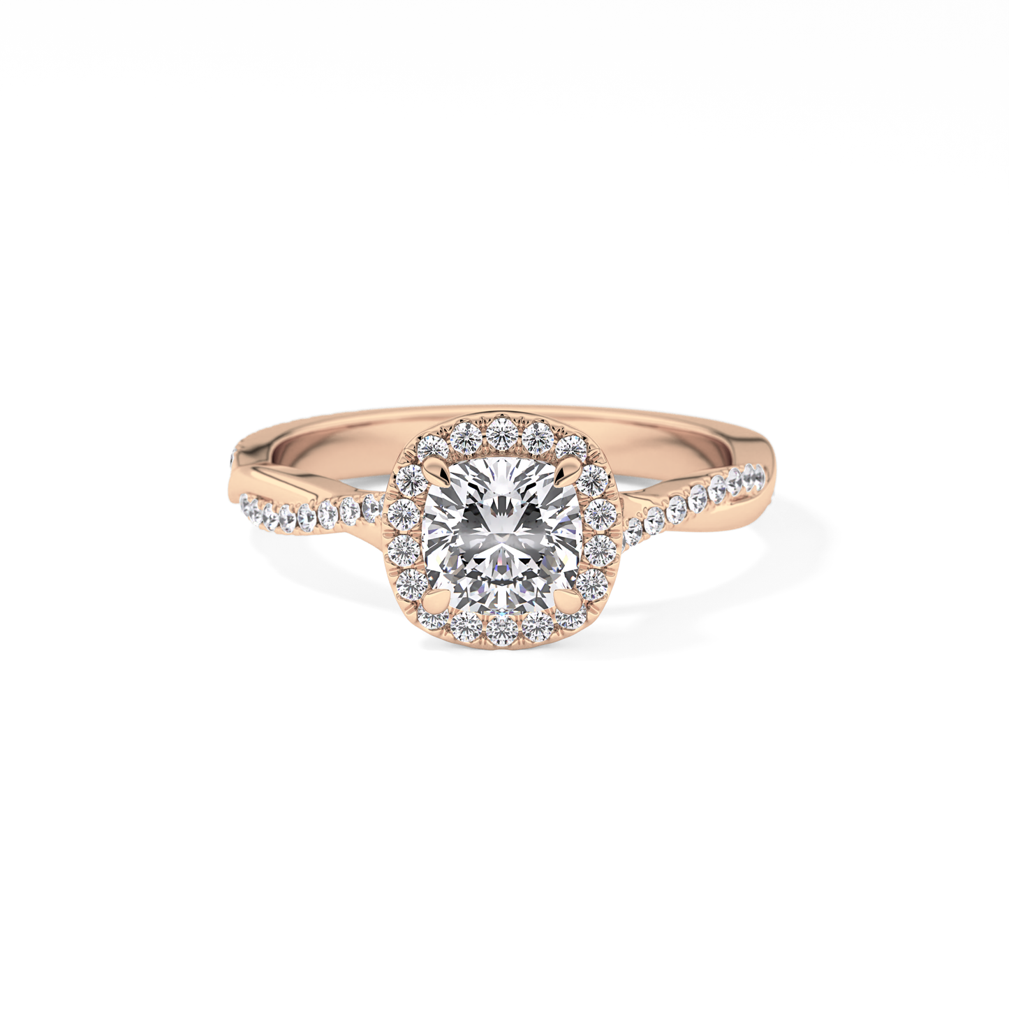 Cushion Cut 0.86 Carat Moissanite Ring – Twisted Shank, Halo and Pave Setting in Gold