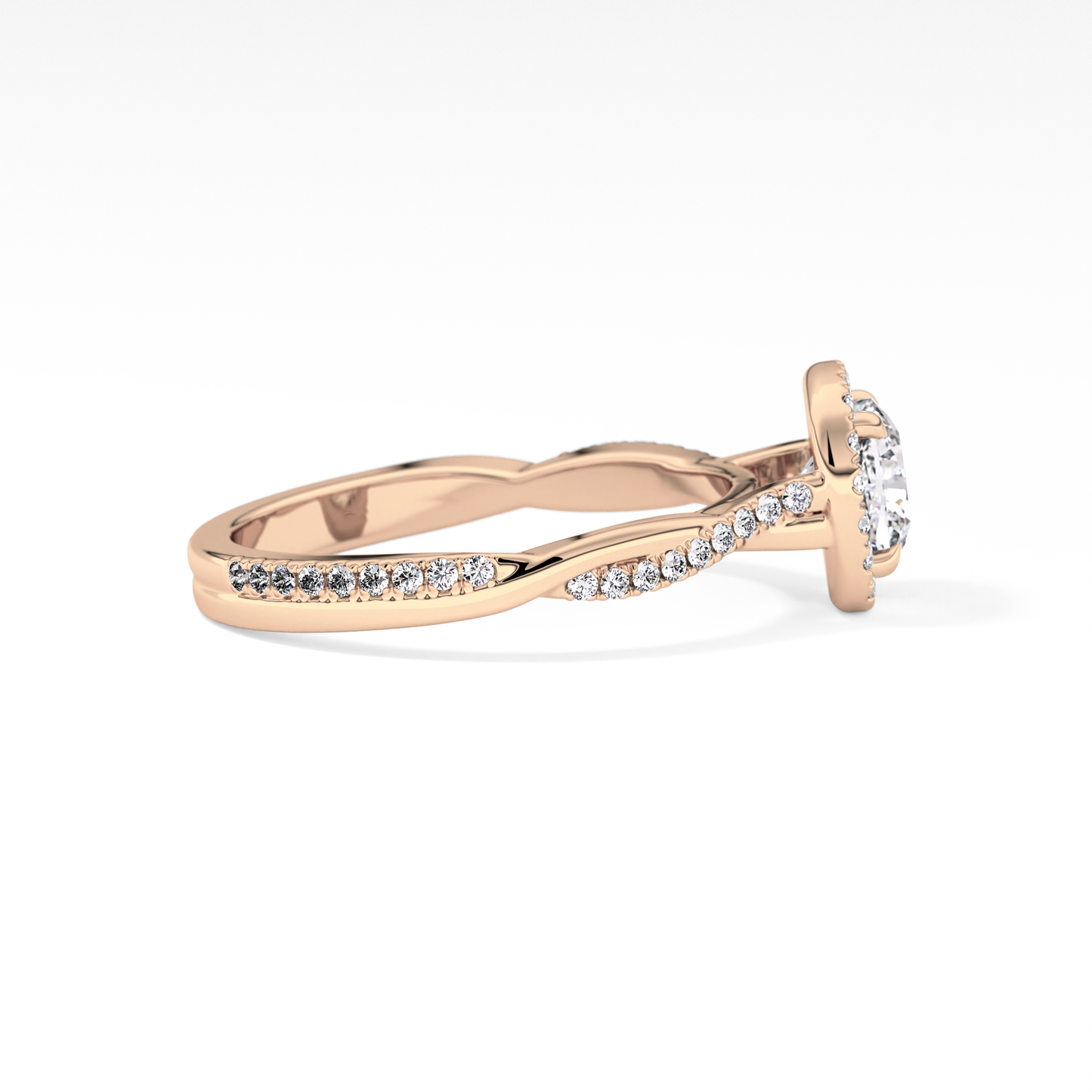 Cushion Cut 0.86 Carat Moissanite Ring – Twisted Shank, Halo and Pave Setting in Gold