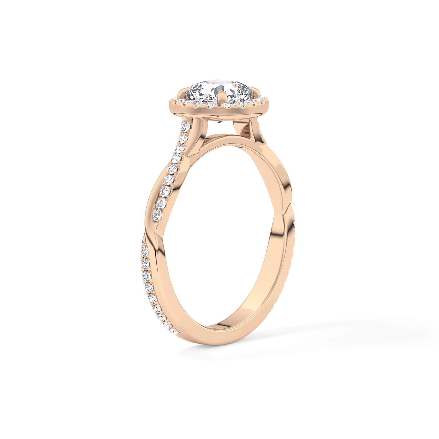 Cushion Cut 0.86 Carat Moissanite Ring – Twisted Shank, Halo and Pave Setting in Gold