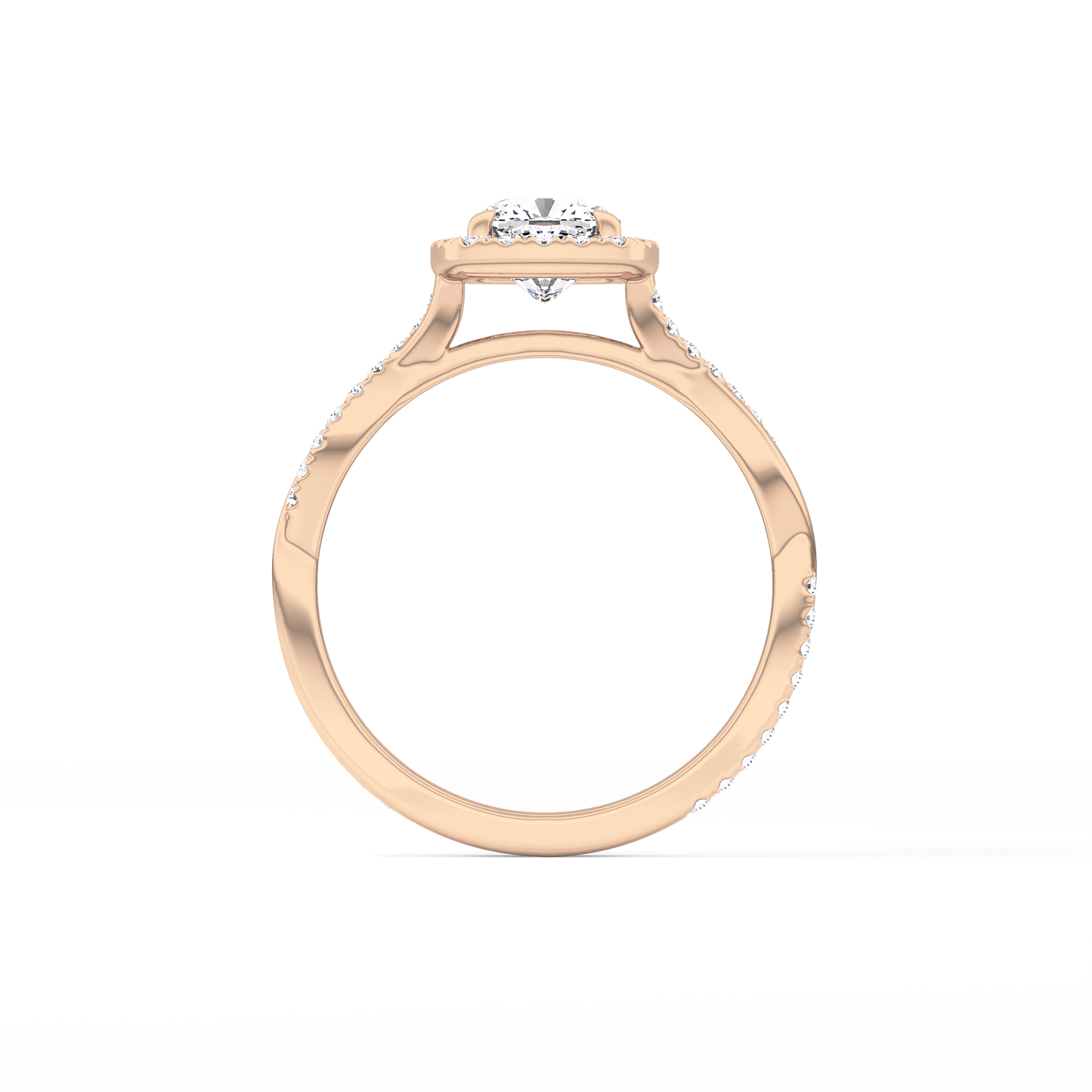 Cushion Cut 0.86 Carat Moissanite Ring – Twisted Shank, Halo and Pave Setting in Gold