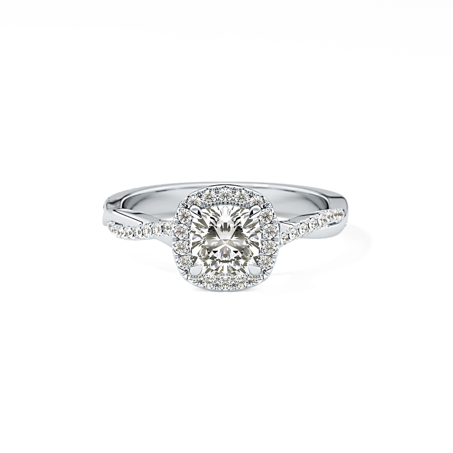 Cushion Cut 0.86 Carat Moissanite Ring – Twisted Shank, Halo and Pave Setting in Gold
