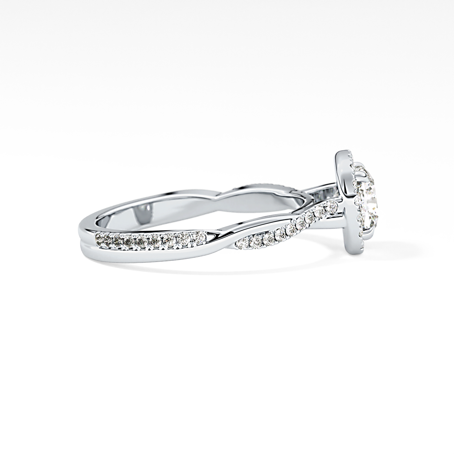 Cushion Cut 0.86 Carat Moissanite Ring – Twisted Shank, Halo and Pave Setting in Gold