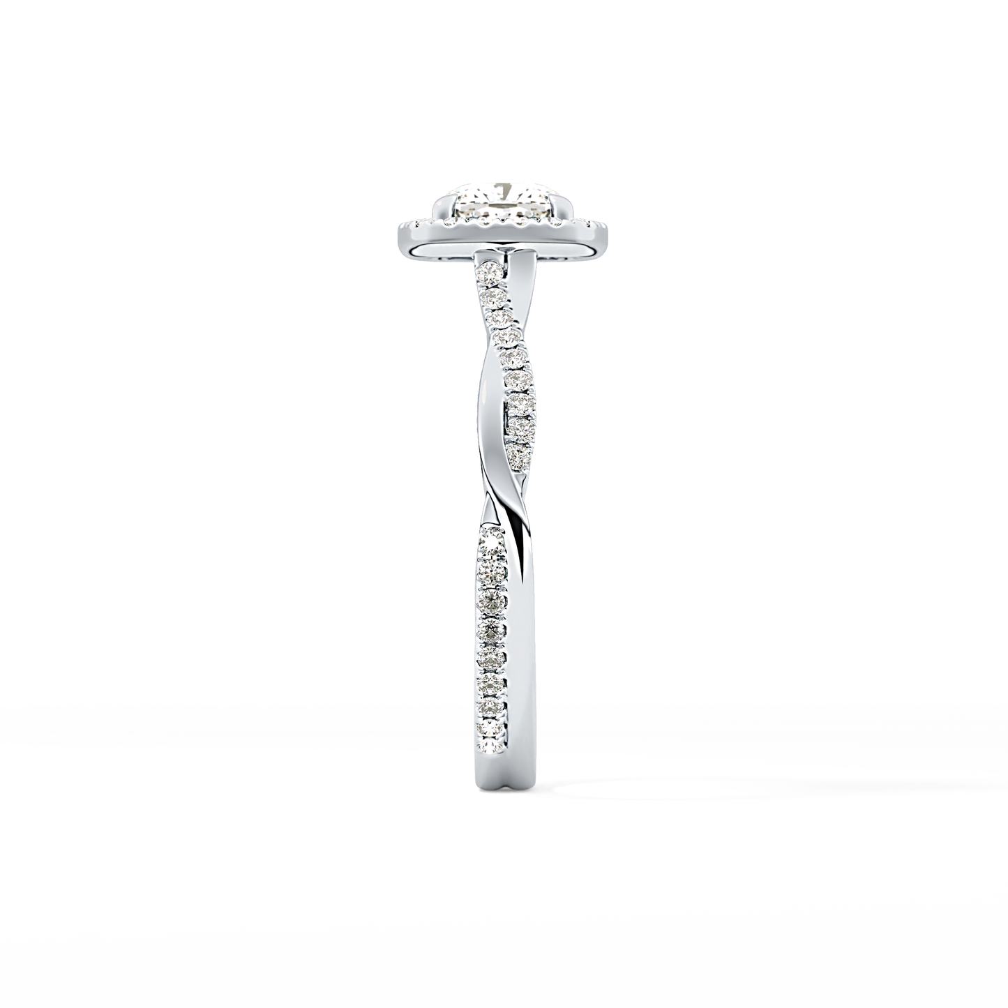 Cushion Cut 0.86 Carat Moissanite Ring – Twisted Shank, Halo and Pave Setting in Gold