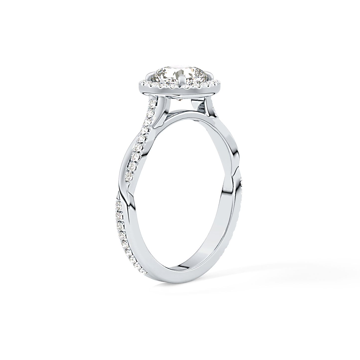 Cushion Cut 0.86 Carat Moissanite Ring – Twisted Shank, Halo and Pave Setting in Gold