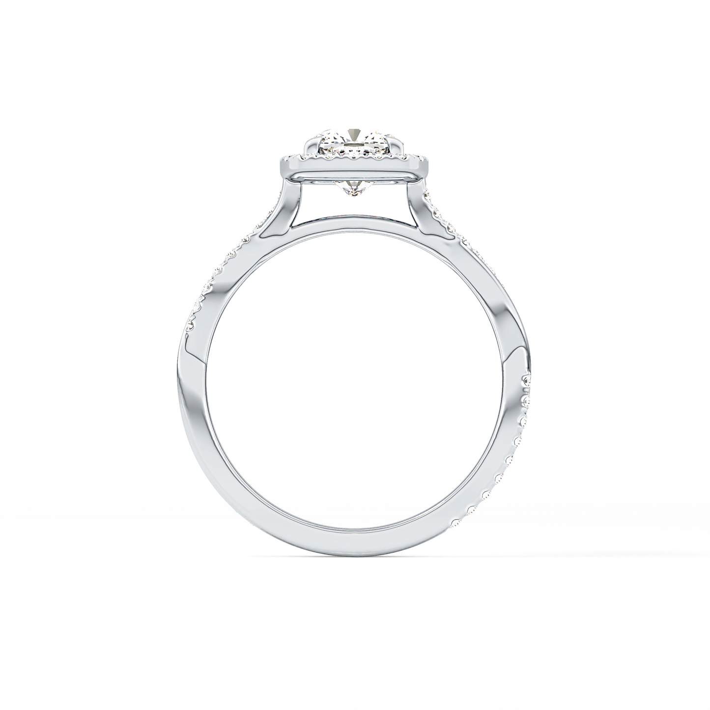 Cushion Cut 0.86 Carat Moissanite Ring – Twisted Shank, Halo and Pave Setting in Gold
