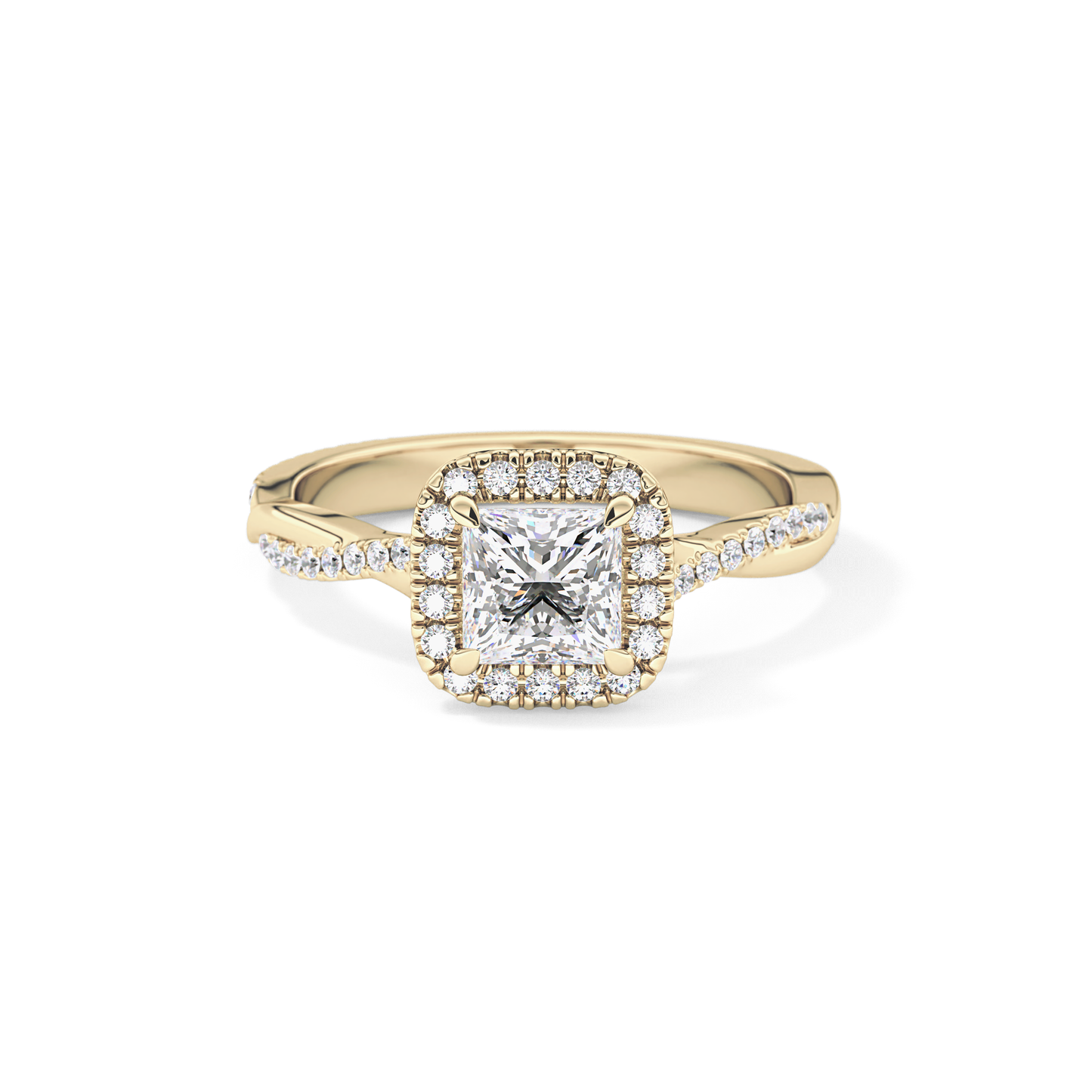 Princess Cut 0.78 Carat Moissanite Ring – Twisted Shank, Halo and Pave Setting in Gold