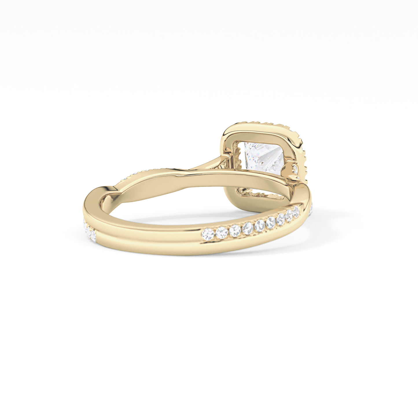 Princess Cut 0.78 Carat Moissanite Ring – Twisted Shank, Halo and Pave Setting in Gold
