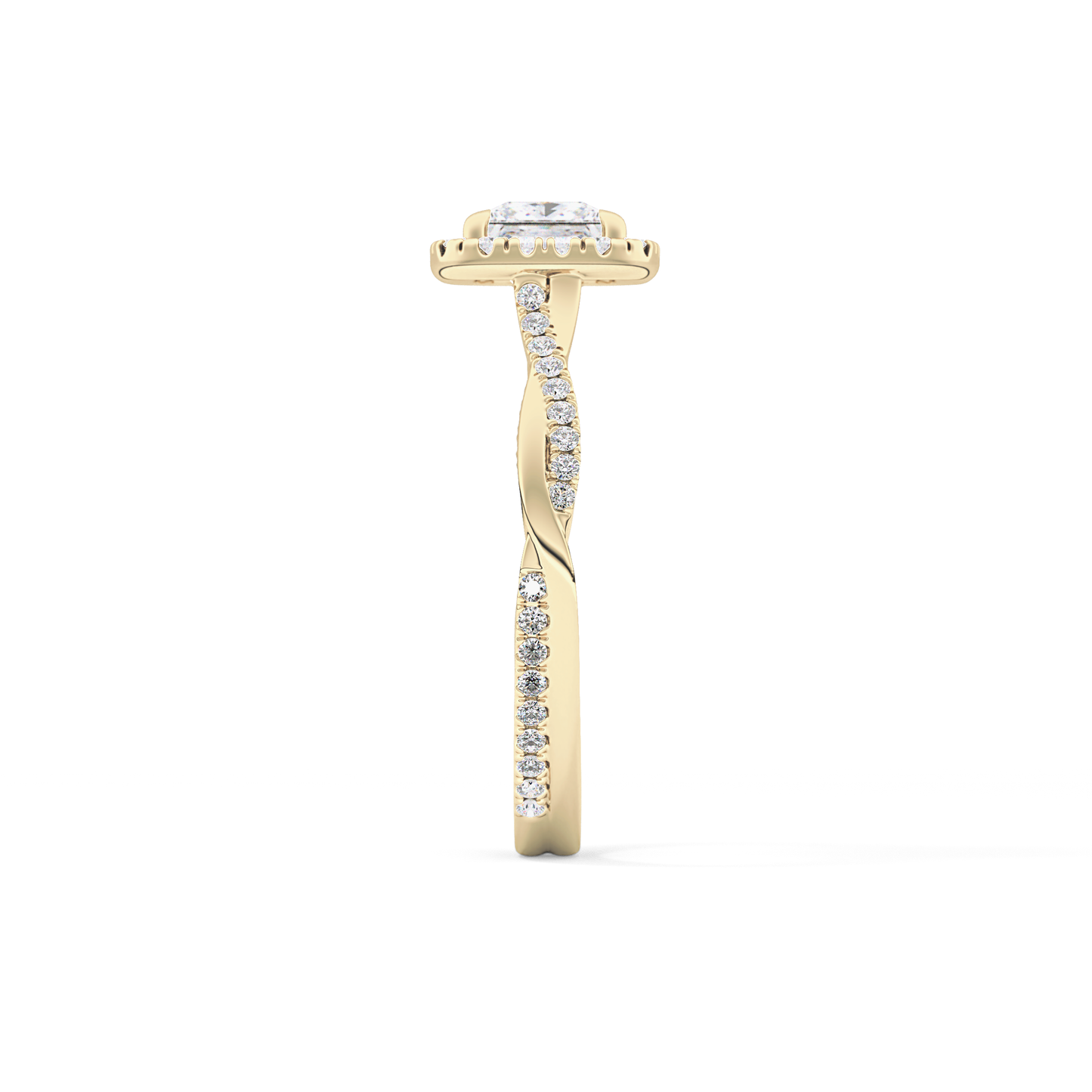 Princess Cut 0.78 Carat Moissanite Ring – Twisted Shank, Halo and Pave Setting in Gold