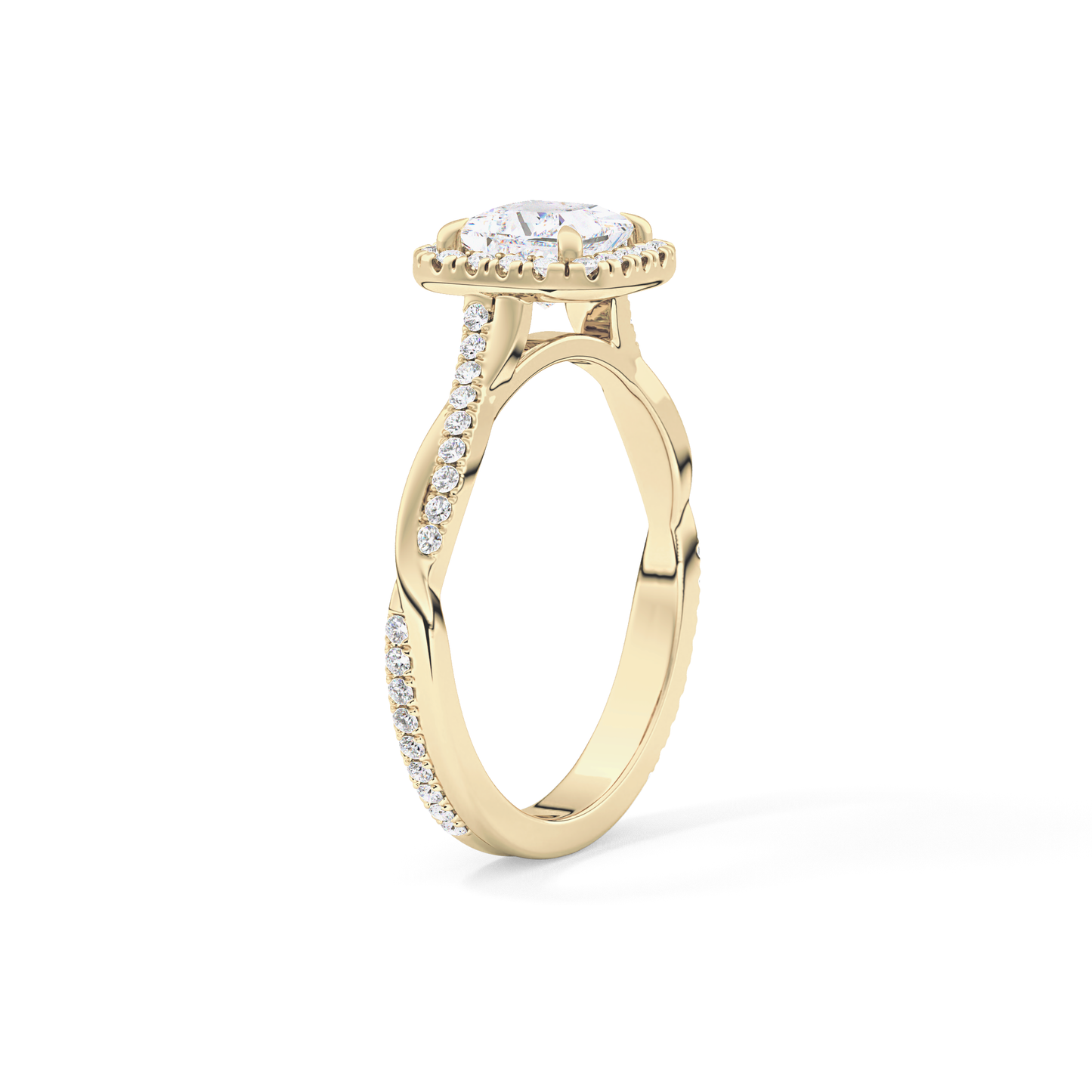 Princess Cut 0.78 Carat Moissanite Ring – Twisted Shank, Halo and Pave Setting in Gold
