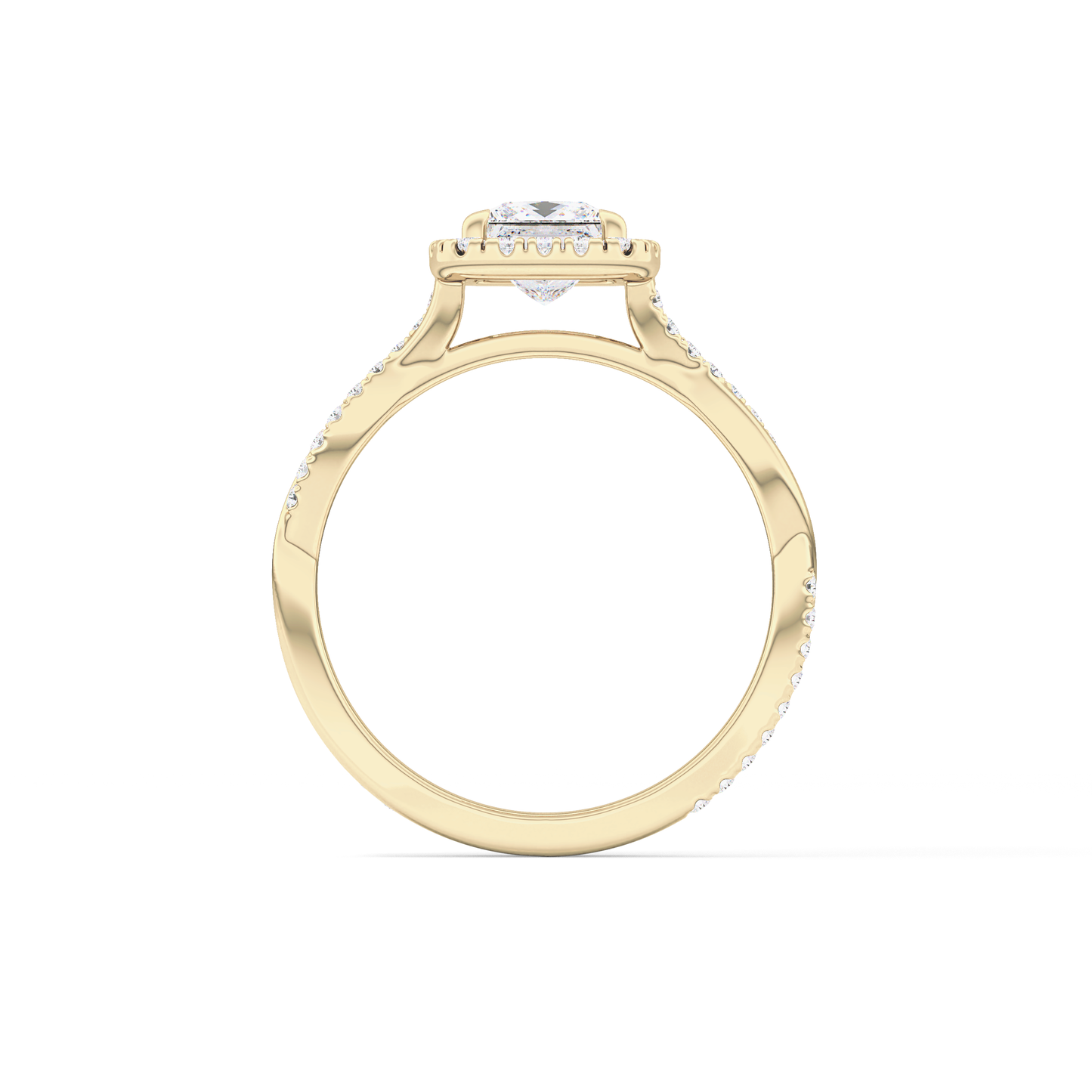 Princess Cut 0.78 Carat Moissanite Ring – Twisted Shank, Halo and Pave Setting in Gold