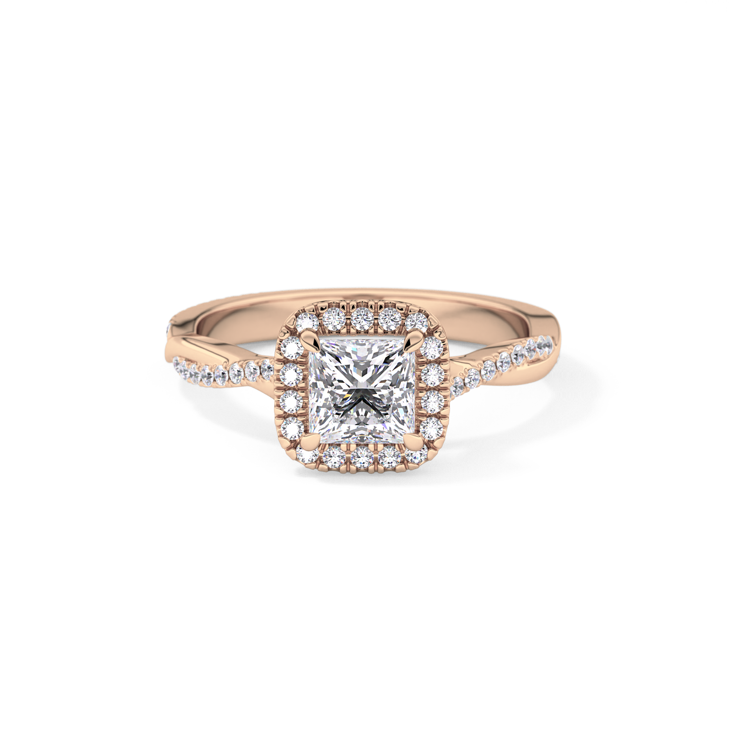 Princess Cut 0.78 Carat Moissanite Ring – Twisted Shank, Halo and Pave Setting in Gold
