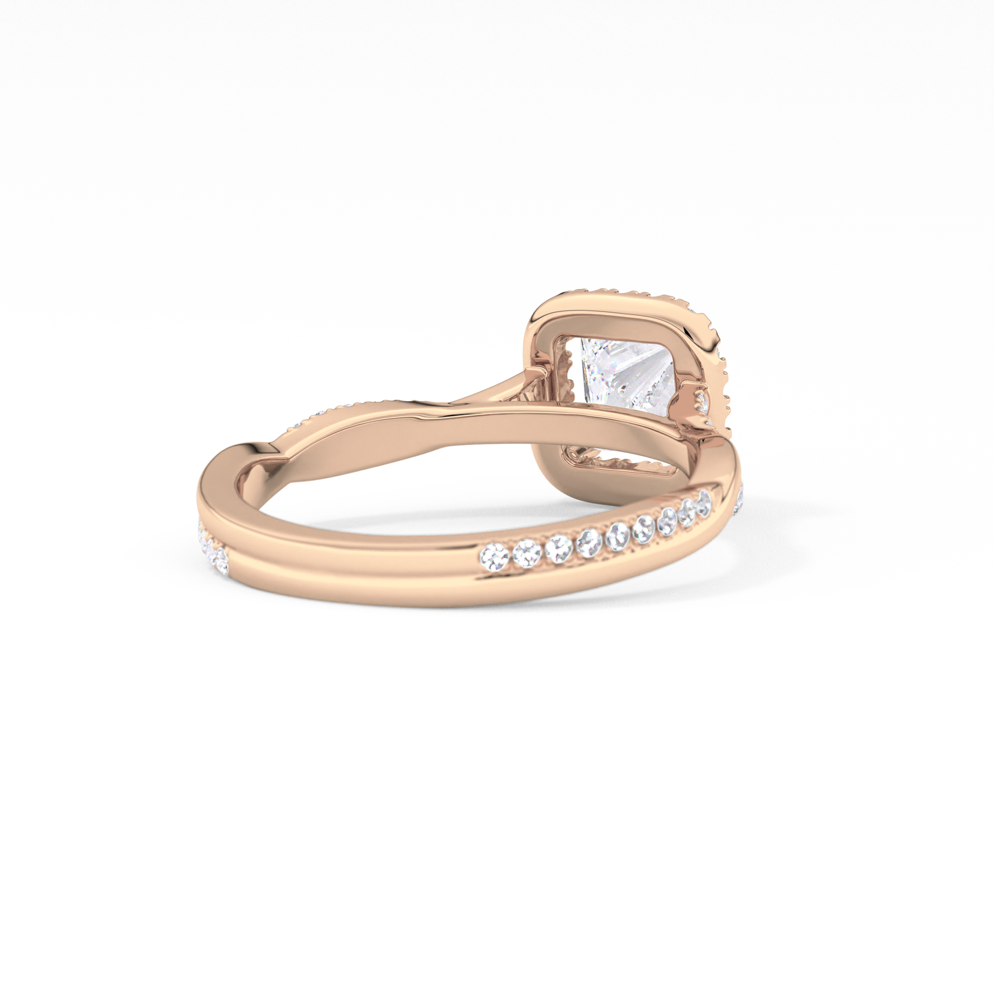 Princess Cut 0.78 Carat Moissanite Ring – Twisted Shank, Halo and Pave Setting in Gold