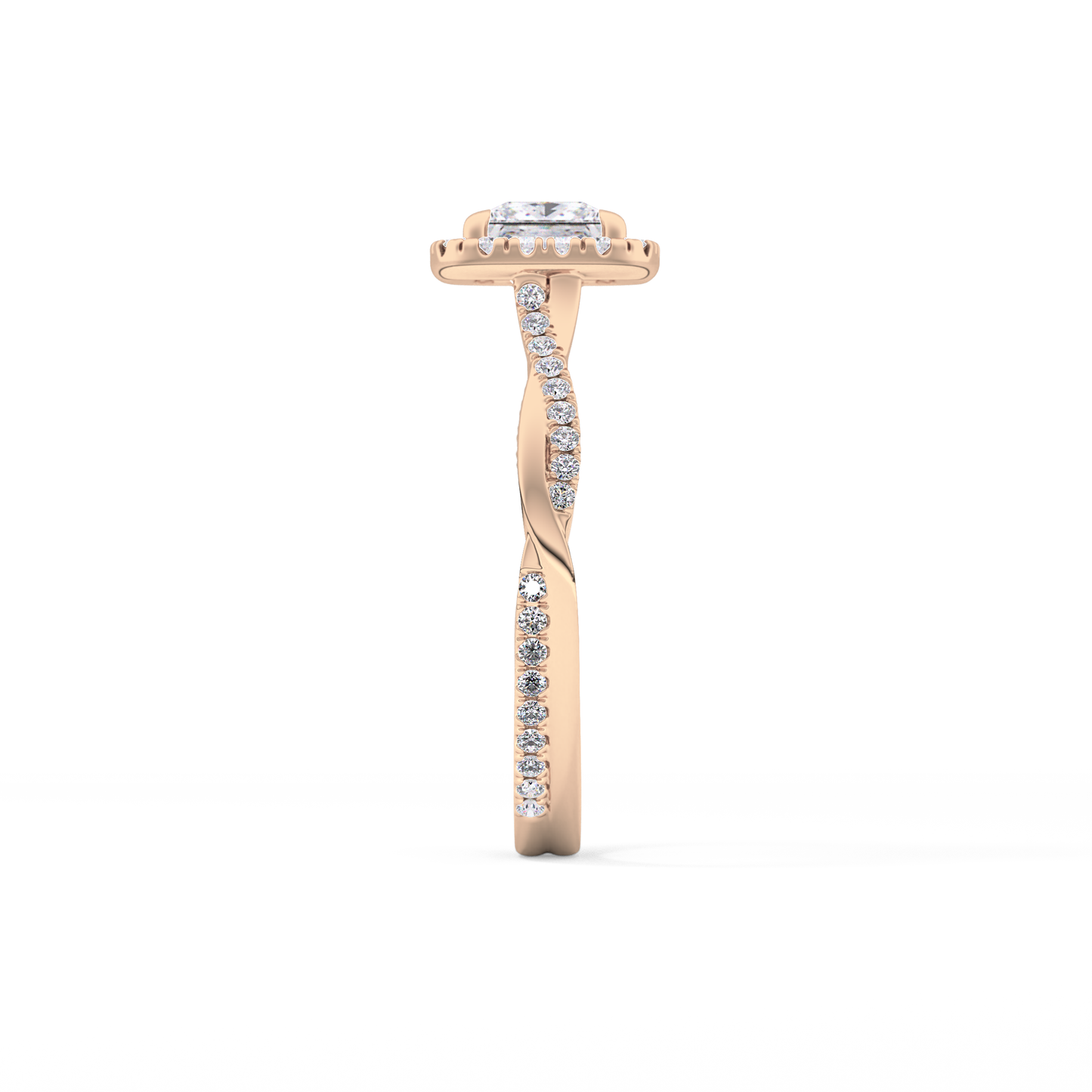 Princess Cut 0.78 Carat Moissanite Ring – Twisted Shank, Halo and Pave Setting in Gold