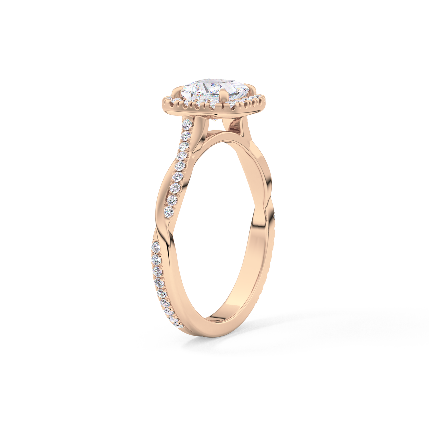 Princess Cut 0.78 Carat Moissanite Ring – Twisted Shank, Halo and Pave Setting in Gold