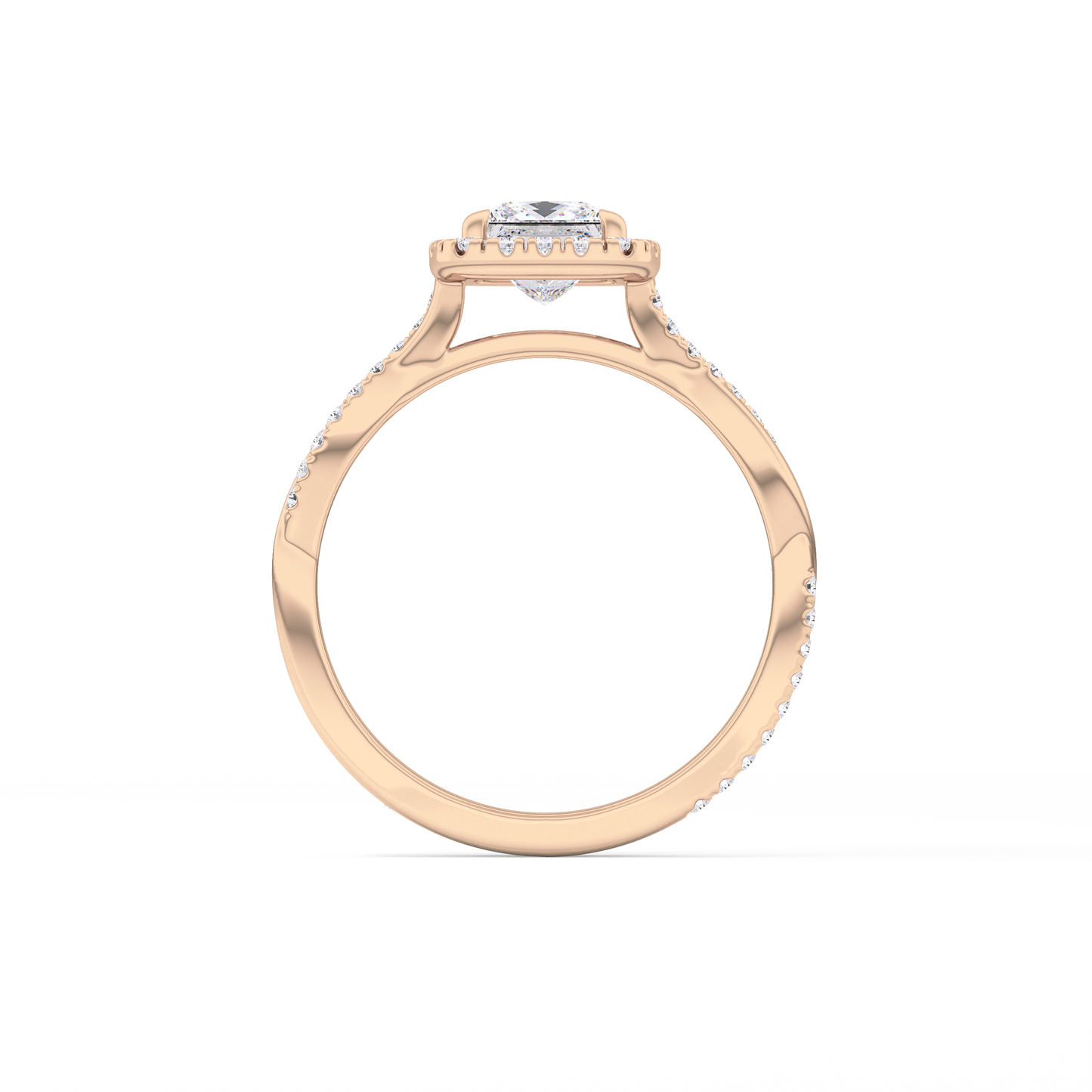 Princess Cut 0.78 Carat Moissanite Ring – Twisted Shank, Halo and Pave Setting in Gold