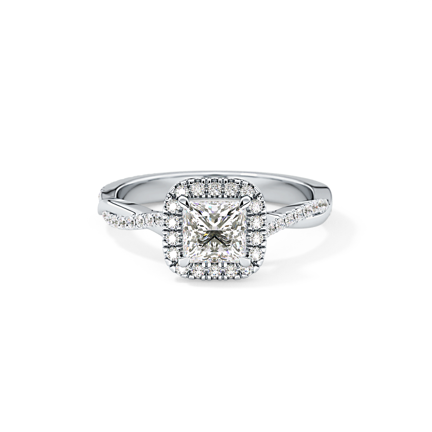 Princess Cut 0.78 Carat Moissanite Ring – Twisted Shank, Halo and Pave Setting in Gold