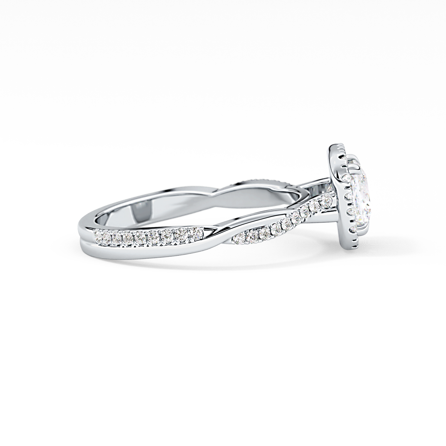 Princess Cut 0.78 Carat Moissanite Ring – Twisted Shank, Halo and Pave Setting in Gold