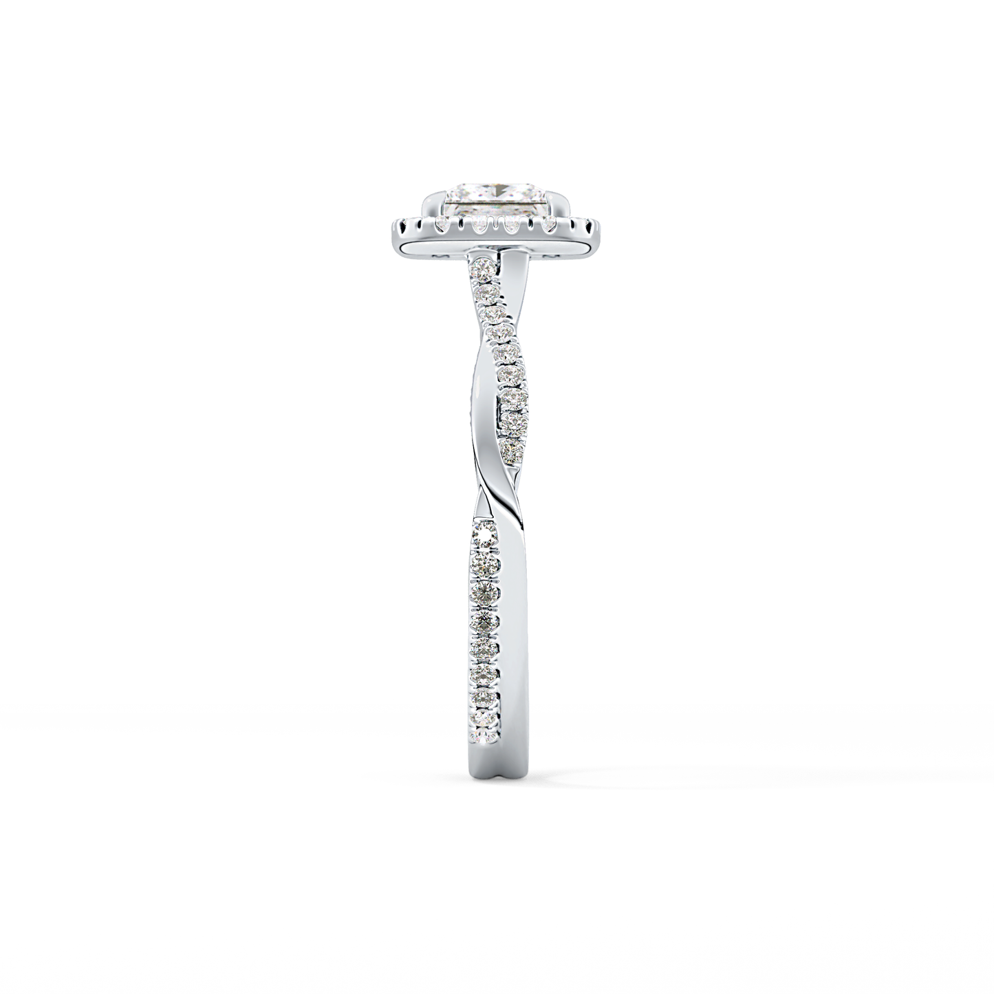 Princess Cut 0.78 Carat Moissanite Ring – Twisted Shank, Halo and Pave Setting in Gold