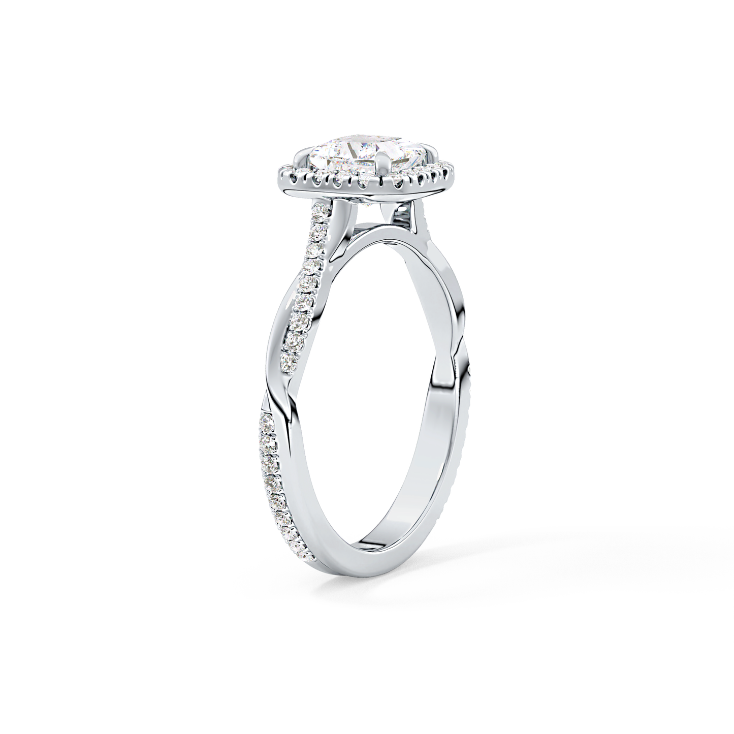 Princess Cut 0.78 Carat Moissanite Ring – Twisted Shank, Halo and Pave Setting in Gold