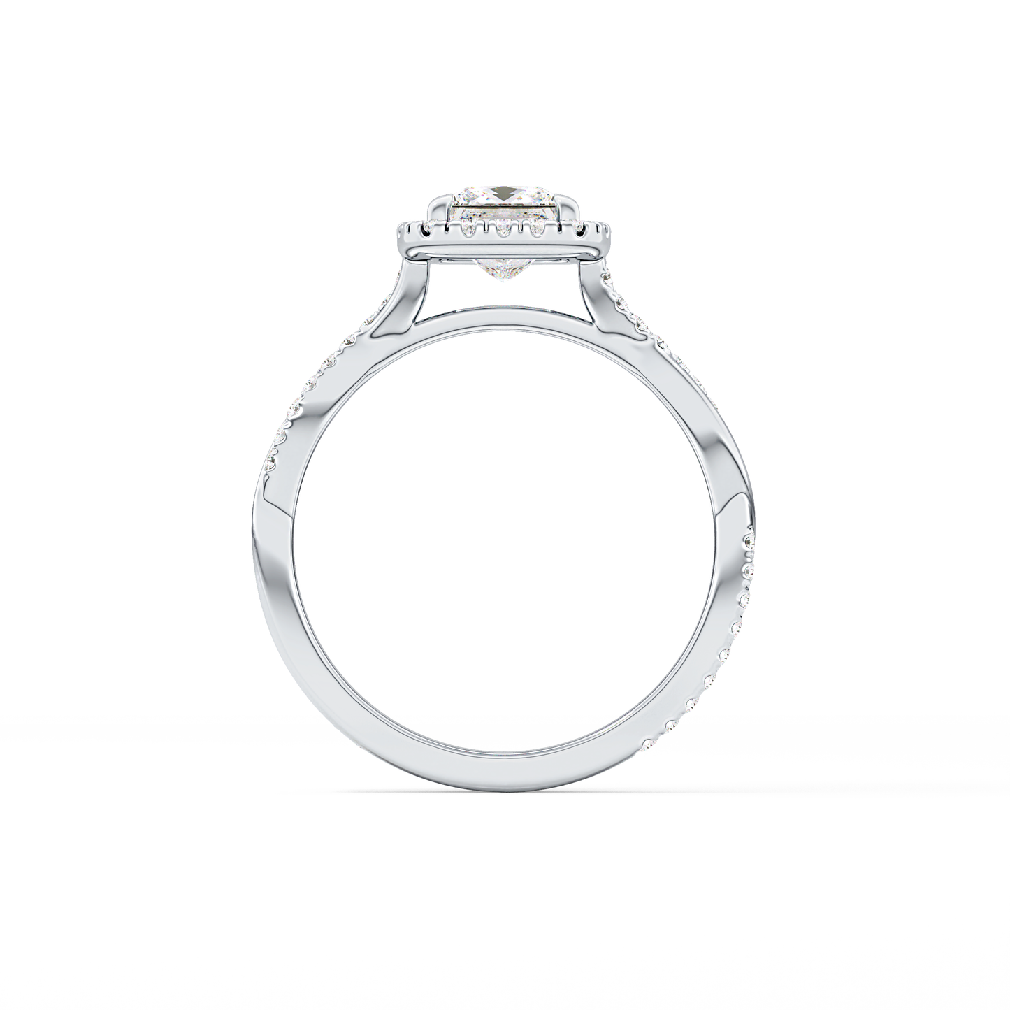 Princess Cut 0.78 Carat Moissanite Ring – Twisted Shank, Halo and Pave Setting in Gold