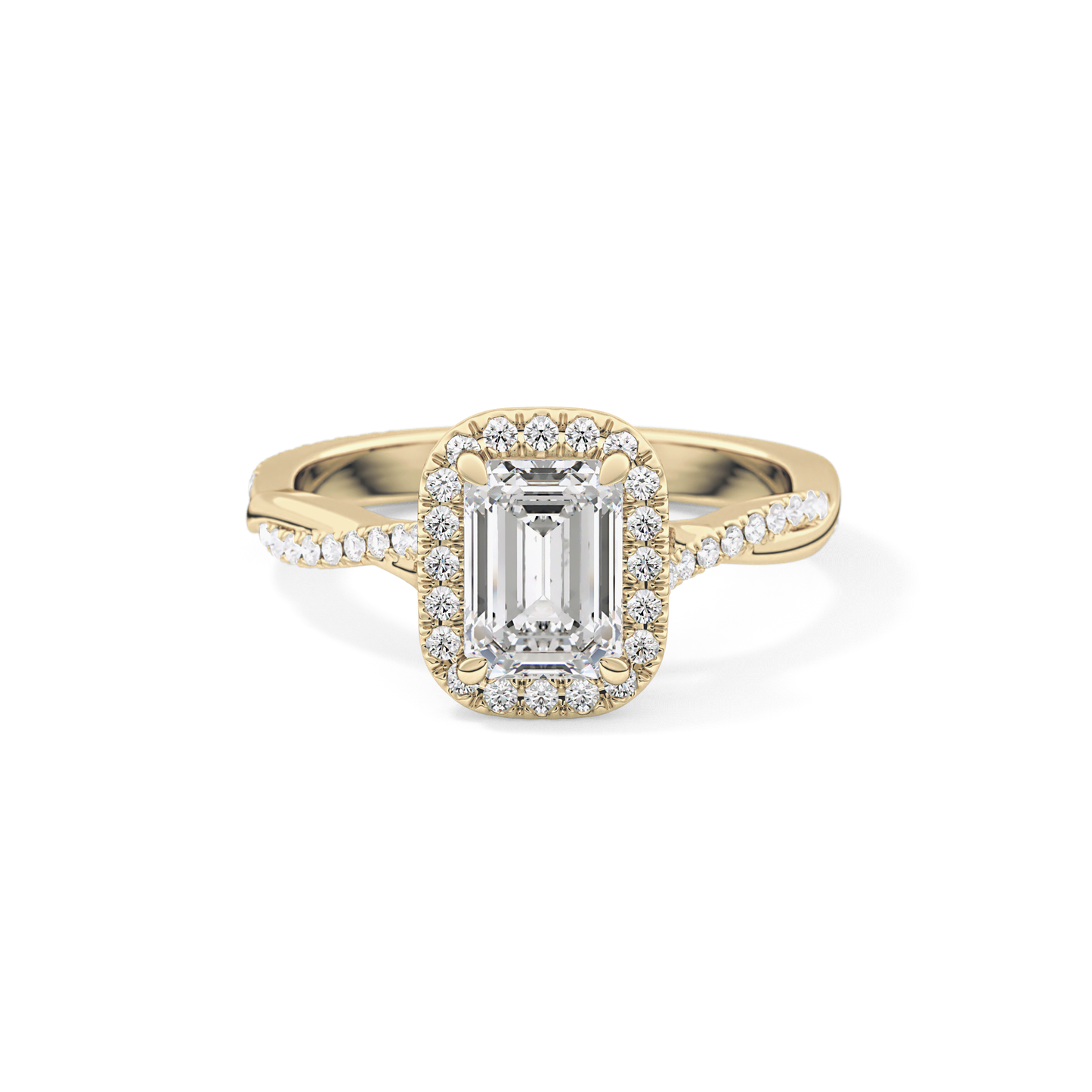 Emerald Cut 1.02 Carat Moissanite Ring – Twisted Shank, Halo and Pave Setting in Gold