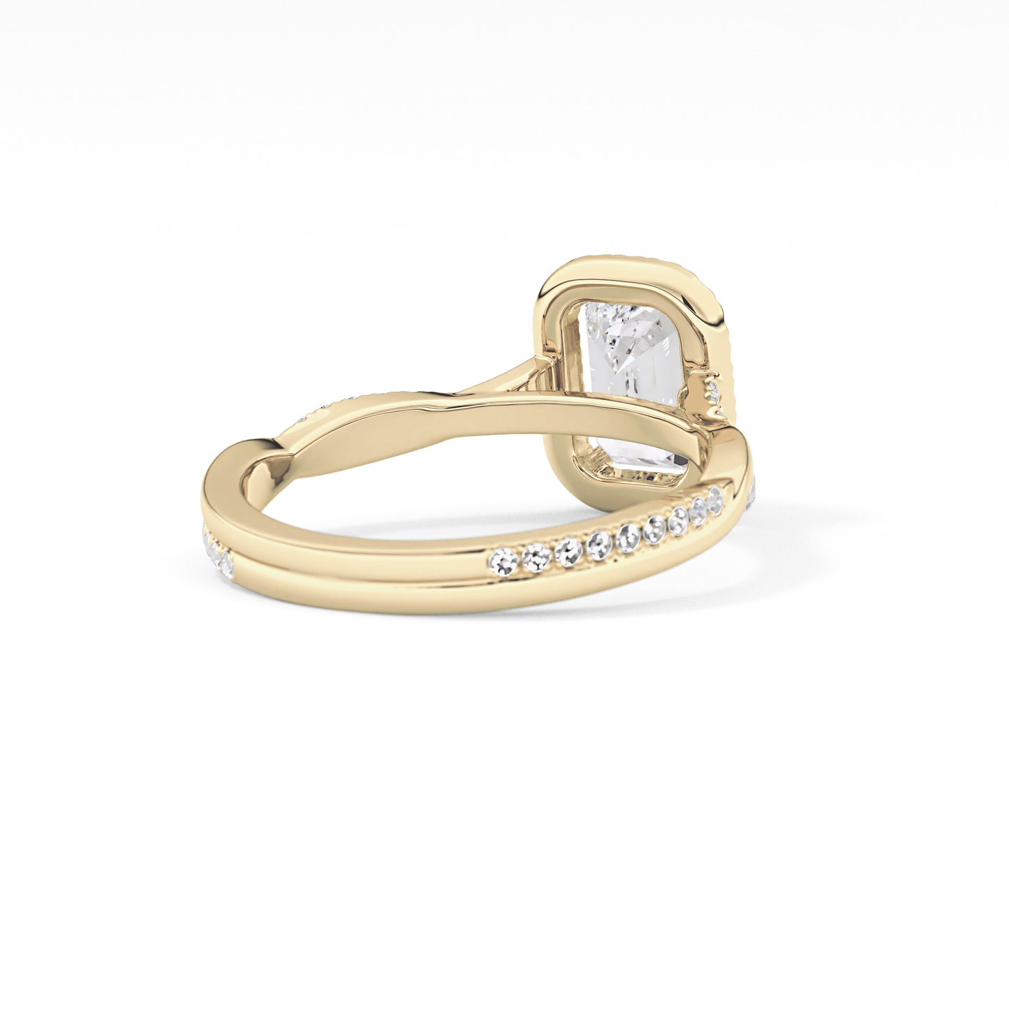 Emerald Cut 1.02 Carat Moissanite Ring – Twisted Shank, Halo and Pave Setting in Gold